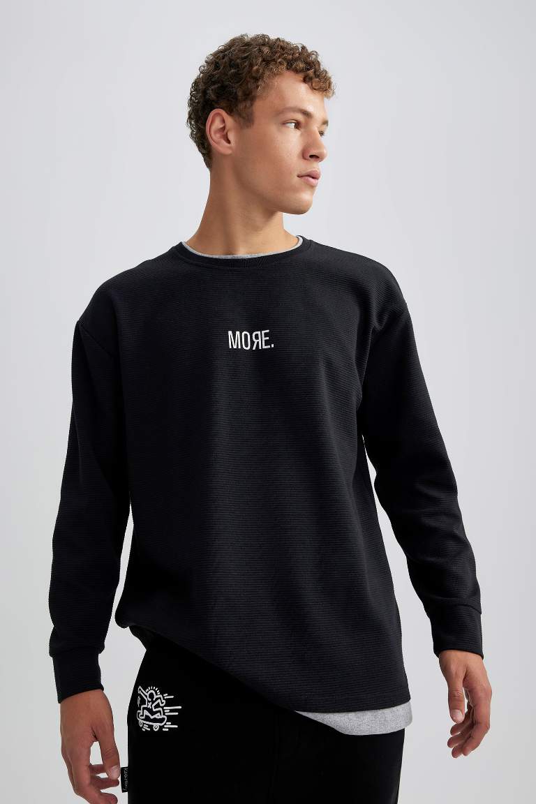 Oversize Fit Bisiklet Yaka Baskılı Sweatshirt