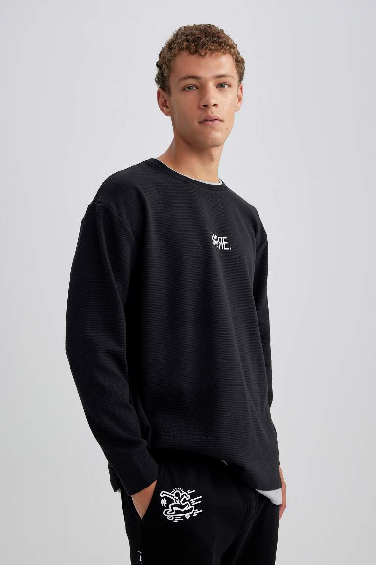 Oversize Fit Bisiklet Yaka Baskılı Sweatshirt