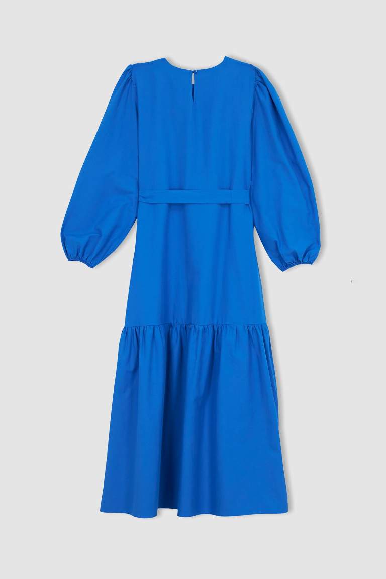 Blue Woman Crew Neck Tie Waist Detailed Poplin Long Sleeve Maxi Dress