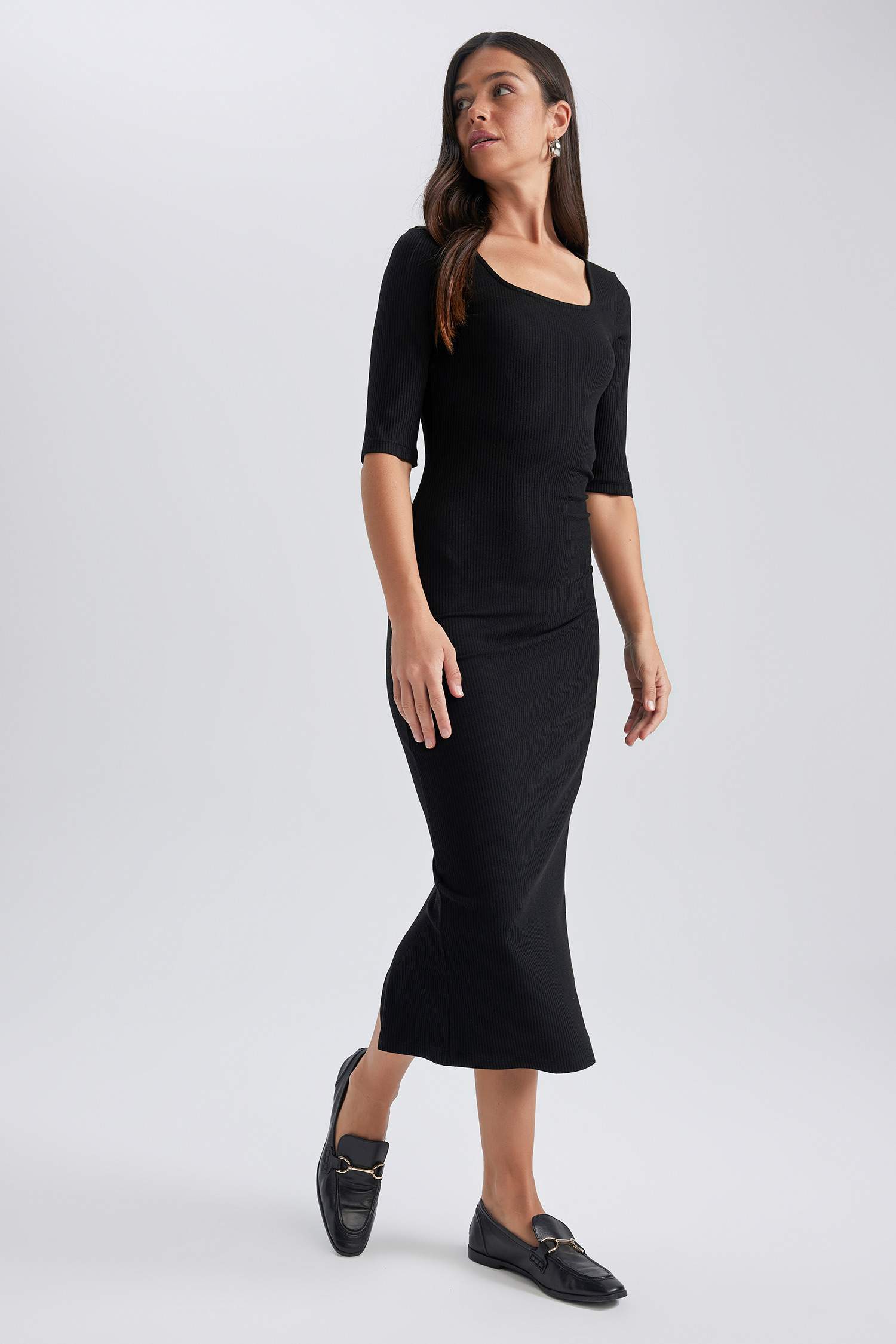 Schwarz Damen Bodycon Langarm Kleid in Midi Länge 2910022 DeFacto