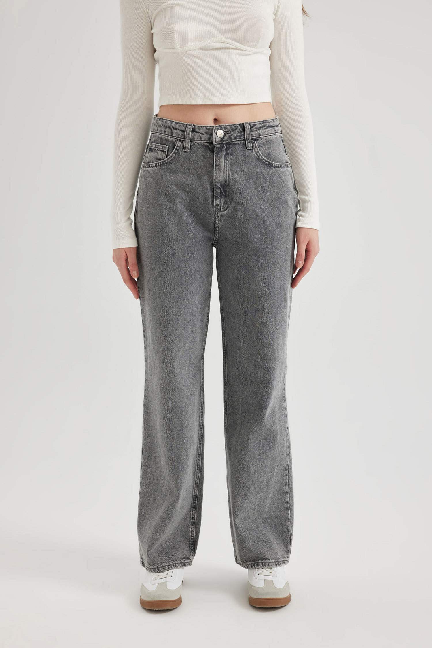 Gris FEMME Pantalon Jean Large Taille Haute Années 90 à Bas Effilé