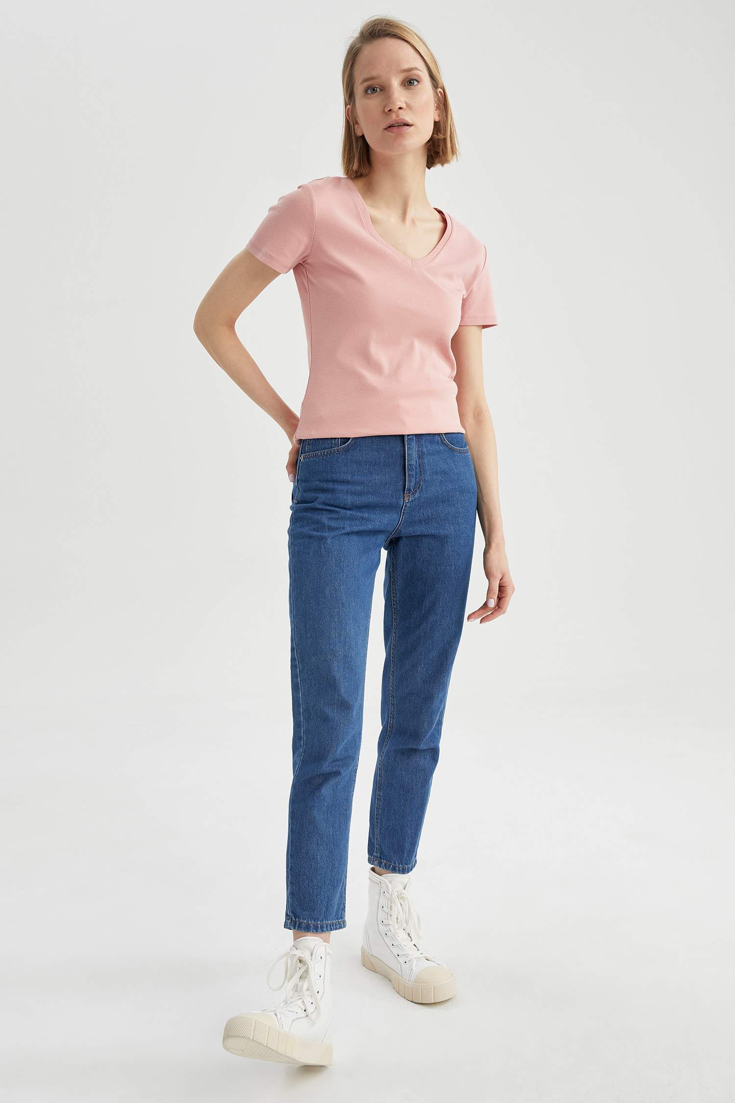 Slim Fit V Yaka Basic Kısa Kollu Tişört