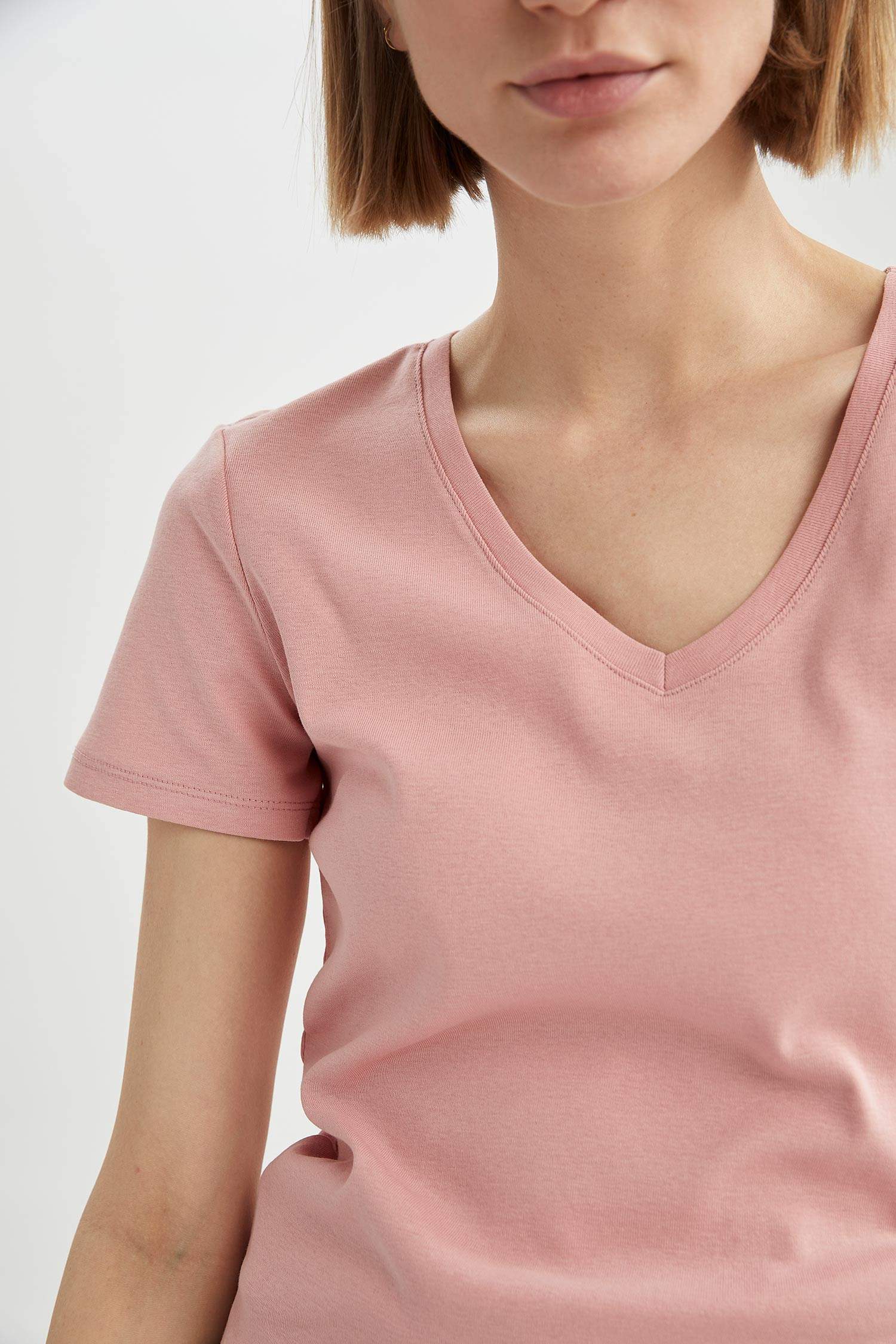 Slim Fit V Yaka Basic Kısa Kollu Tişört
