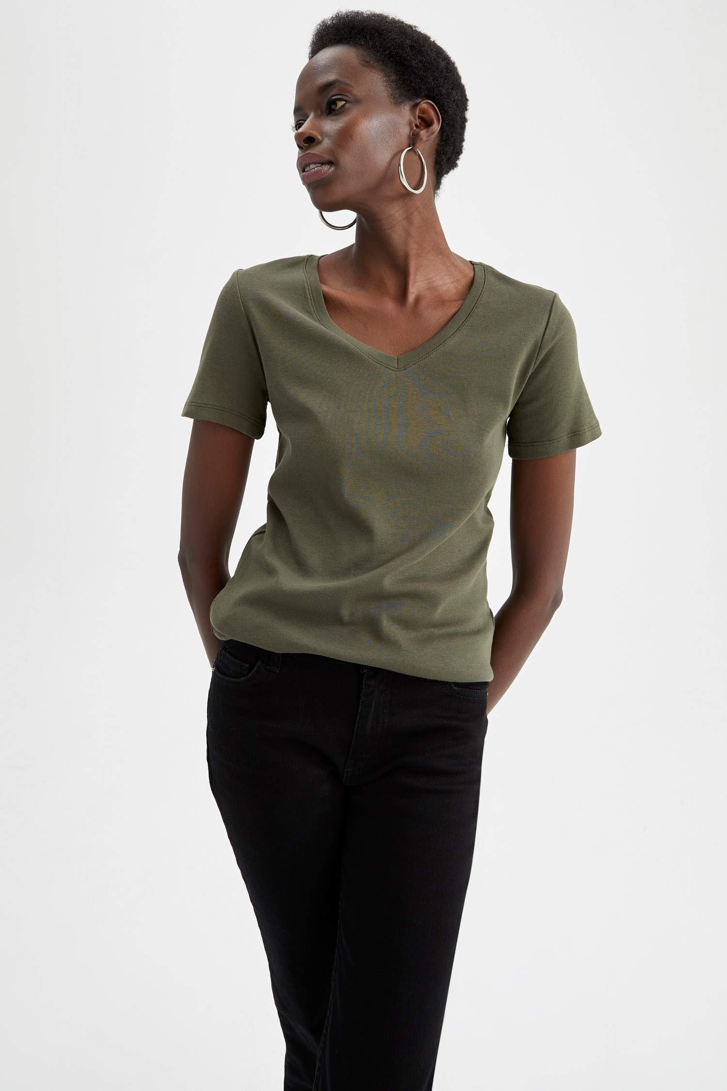 Slim Fit V Yaka Basic Kısa Kollu Tişört