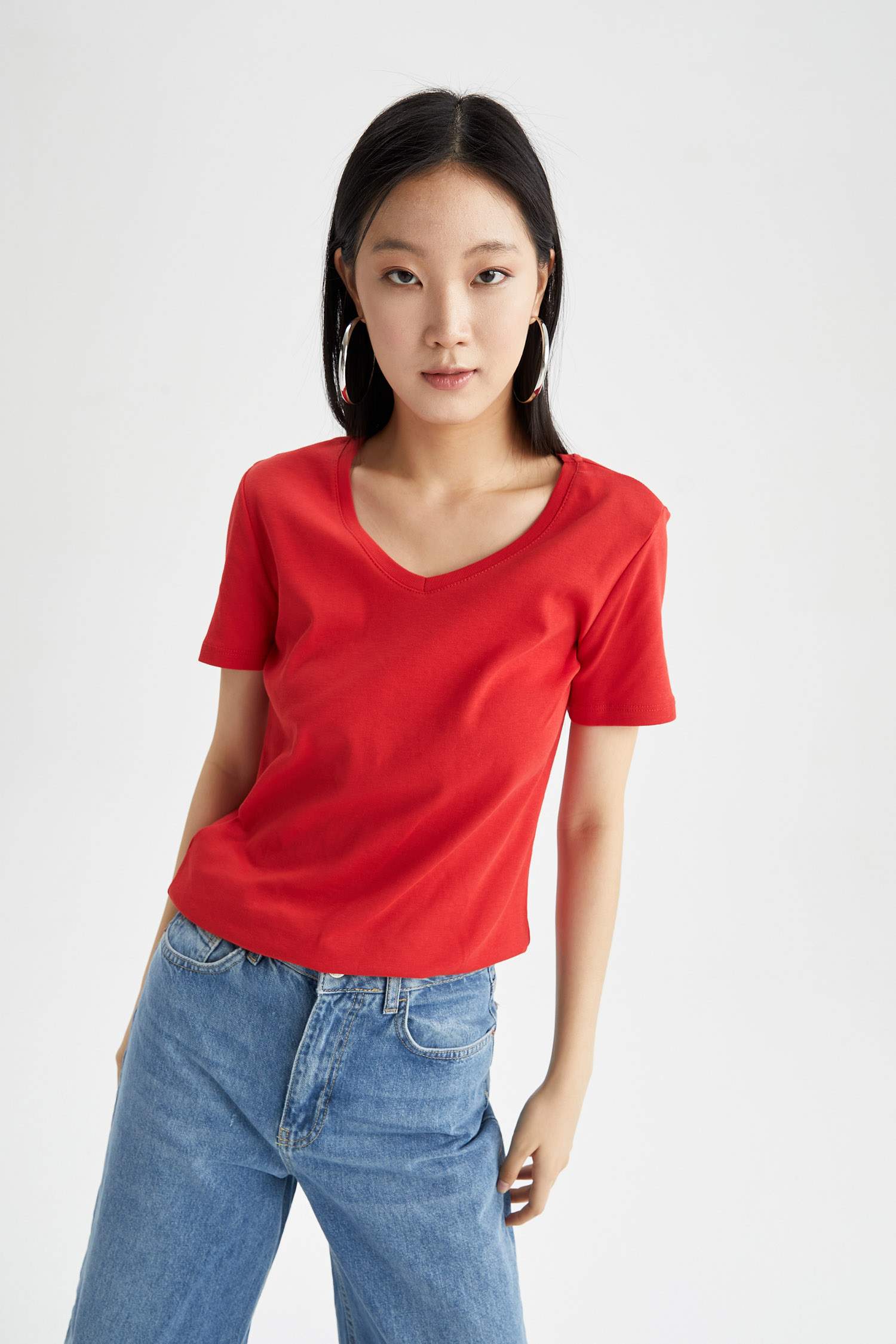 Slim Fit V Yaka Basic Kısa Kollu Tişört