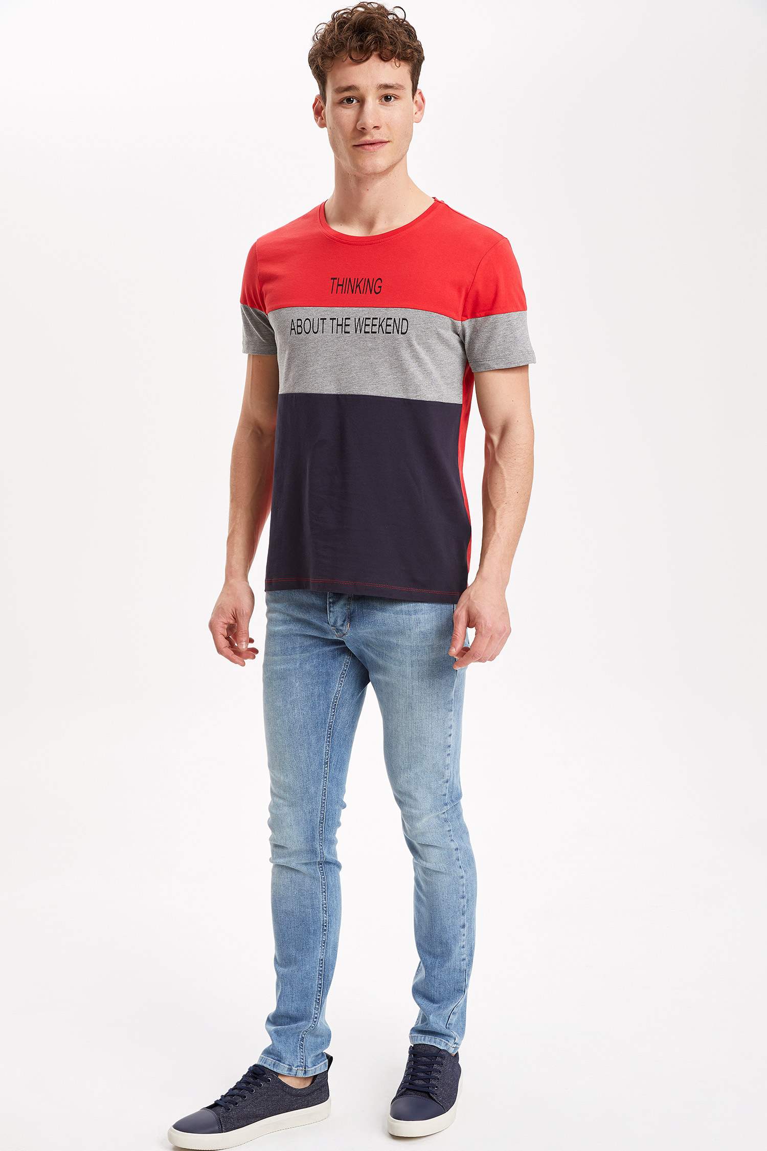 Regular Fit Bisiklet Yaka Renk Bloklu Kısa Kollu Tişört