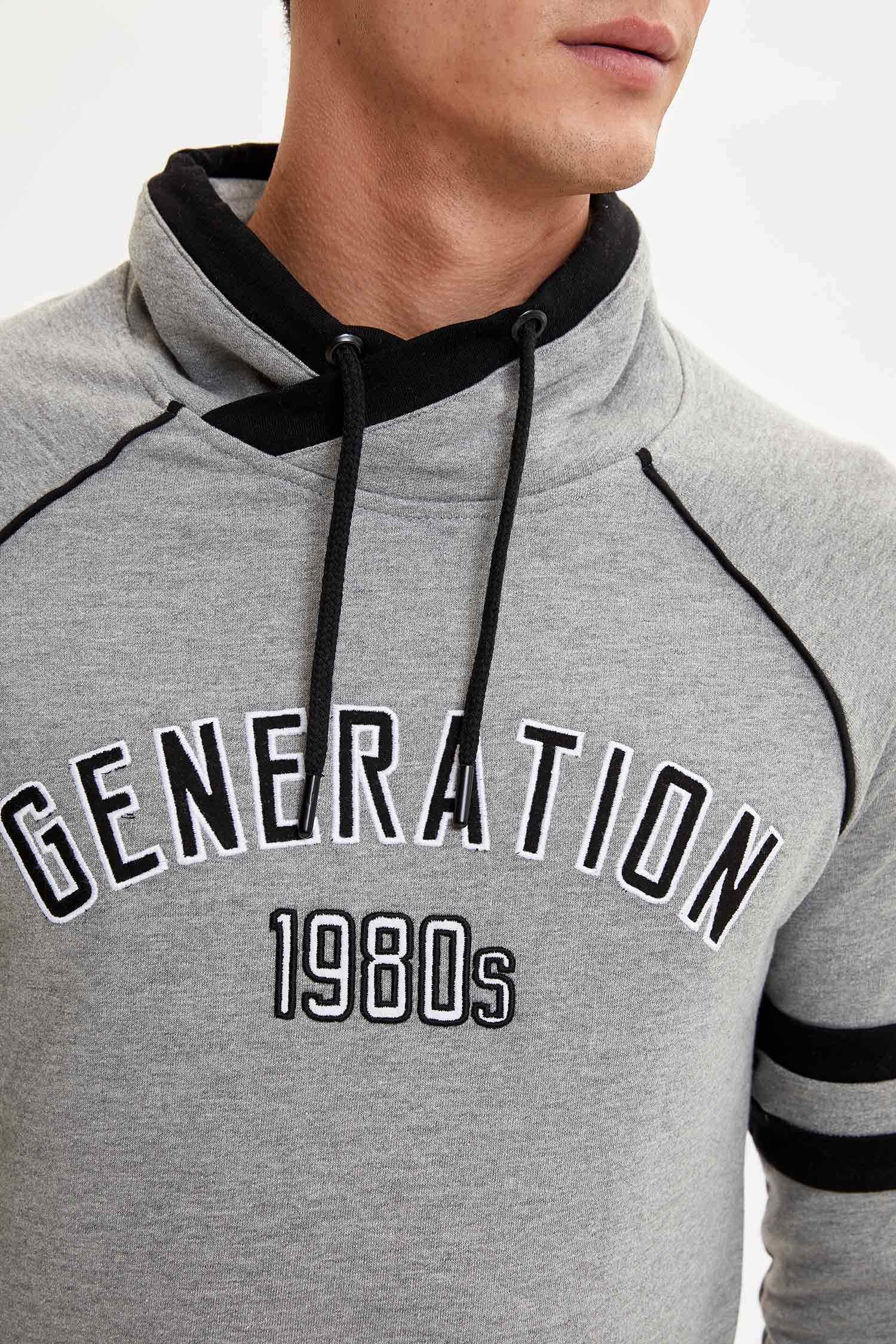 Slim Fit Şal Yaka Baskılı Uzun Kollu İçi Yumuşak Tüylü Sweatshirt