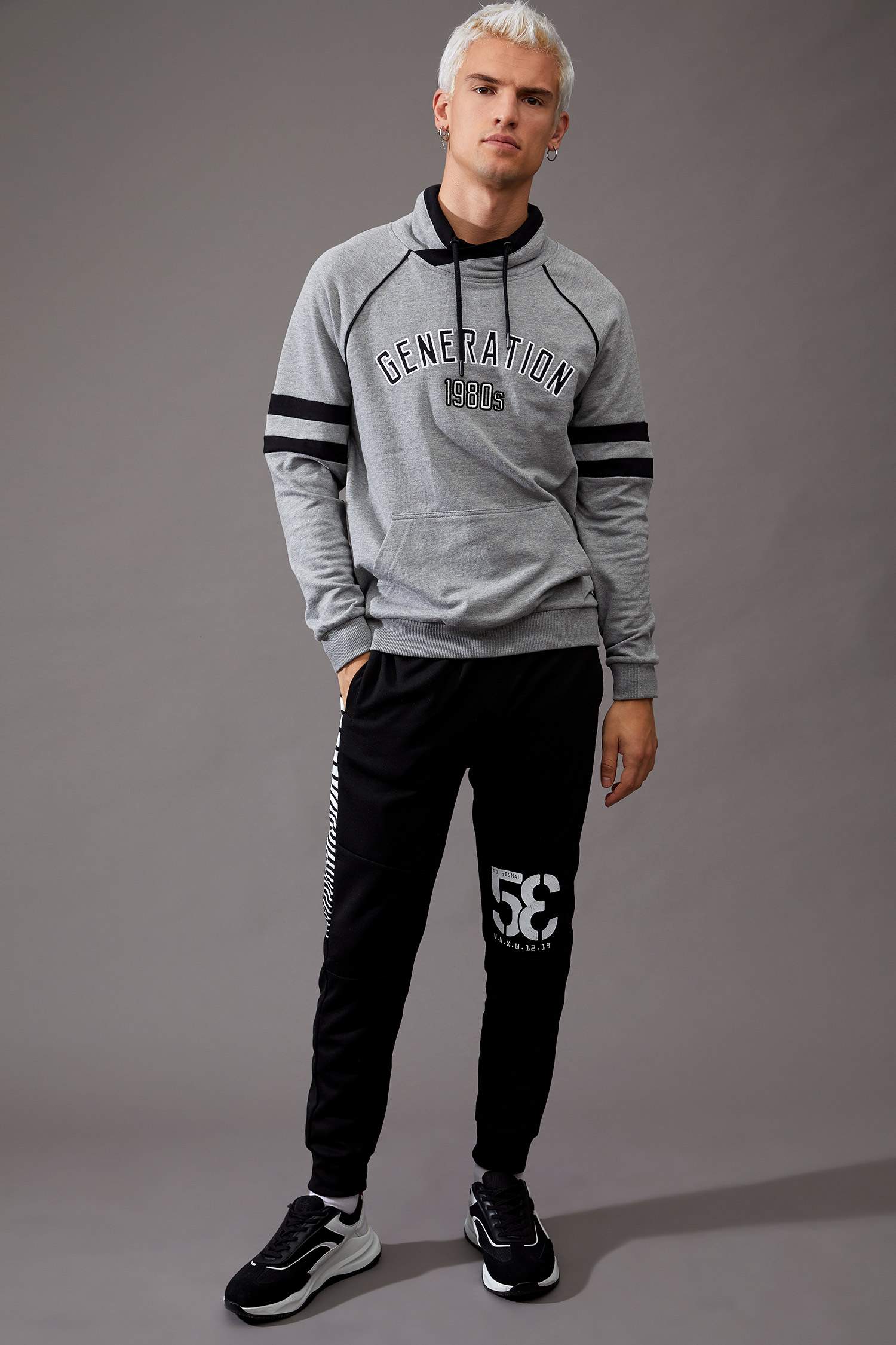 Slim Fit Şal Yaka Baskılı Uzun Kollu İçi Yumuşak Tüylü Sweatshirt