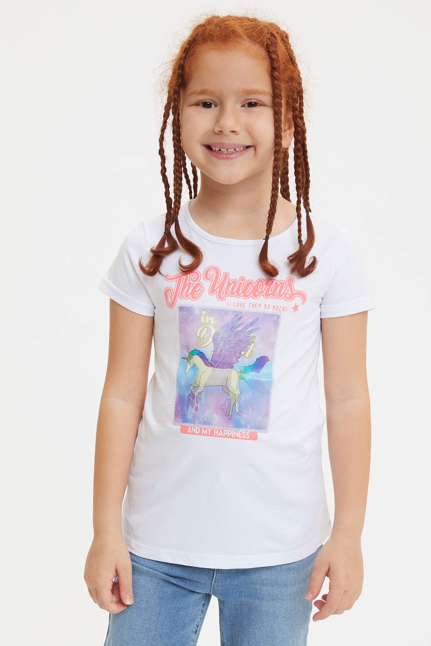 Kız Çocuk Unicorn Hologram Baskılı Kısa Kollu Tişört
