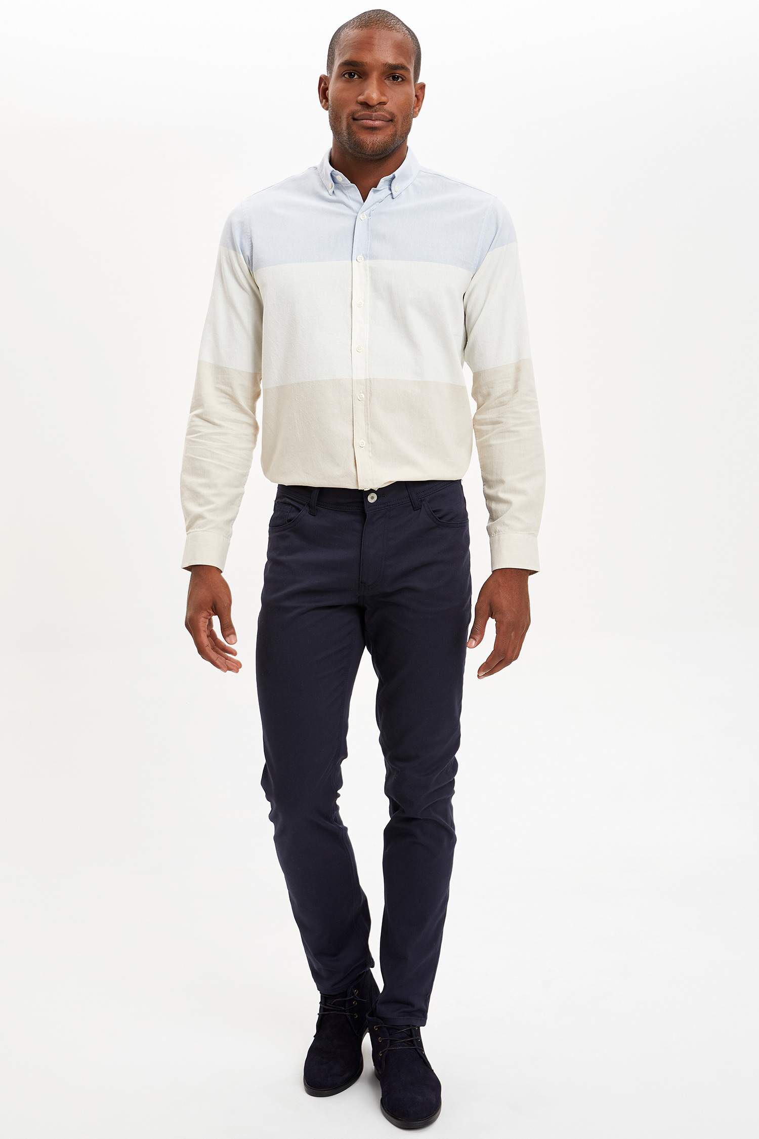 Renk Bloklu Modern Fit Uzun Kollu Pamuklu Gömlek