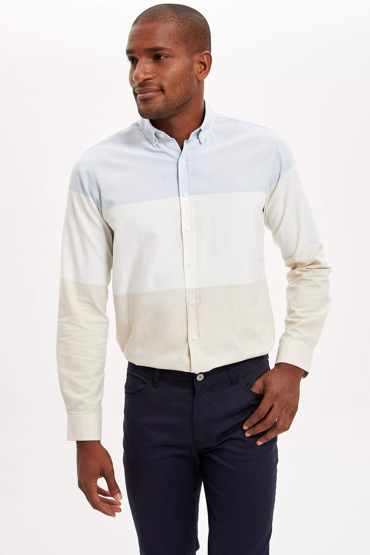 Renk Bloklu Modern Fit Uzun Kollu Pamuklu Gömlek