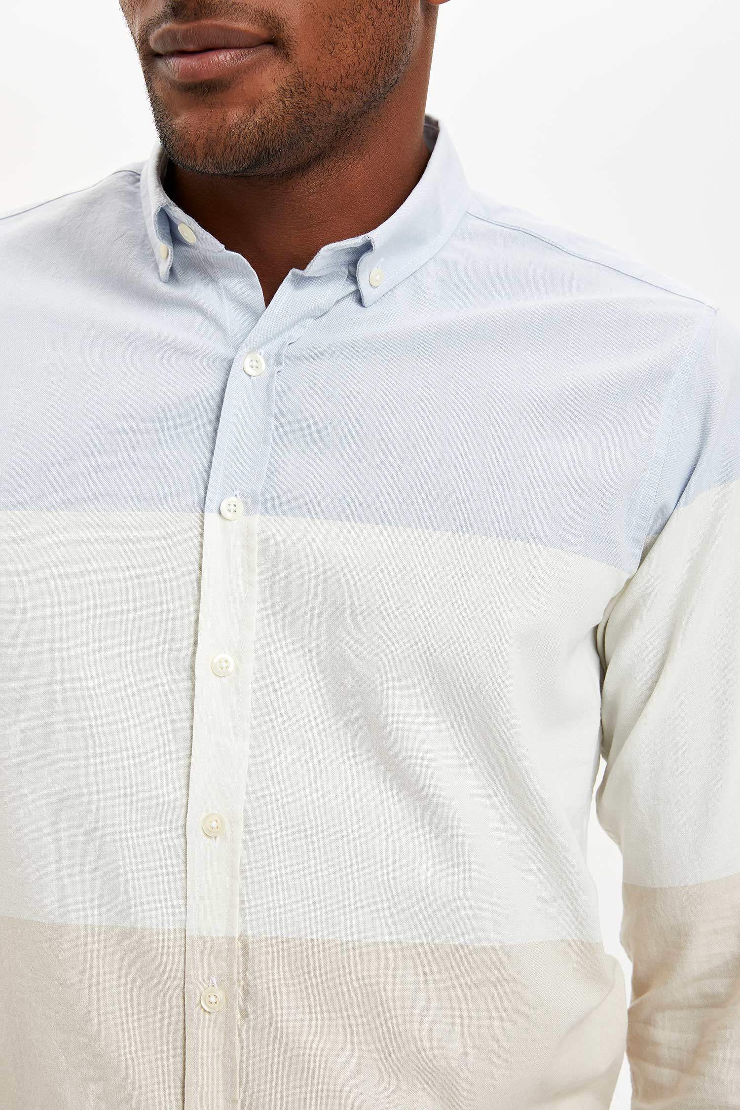 Renk Bloklu Modern Fit Uzun Kollu Pamuklu Gömlek