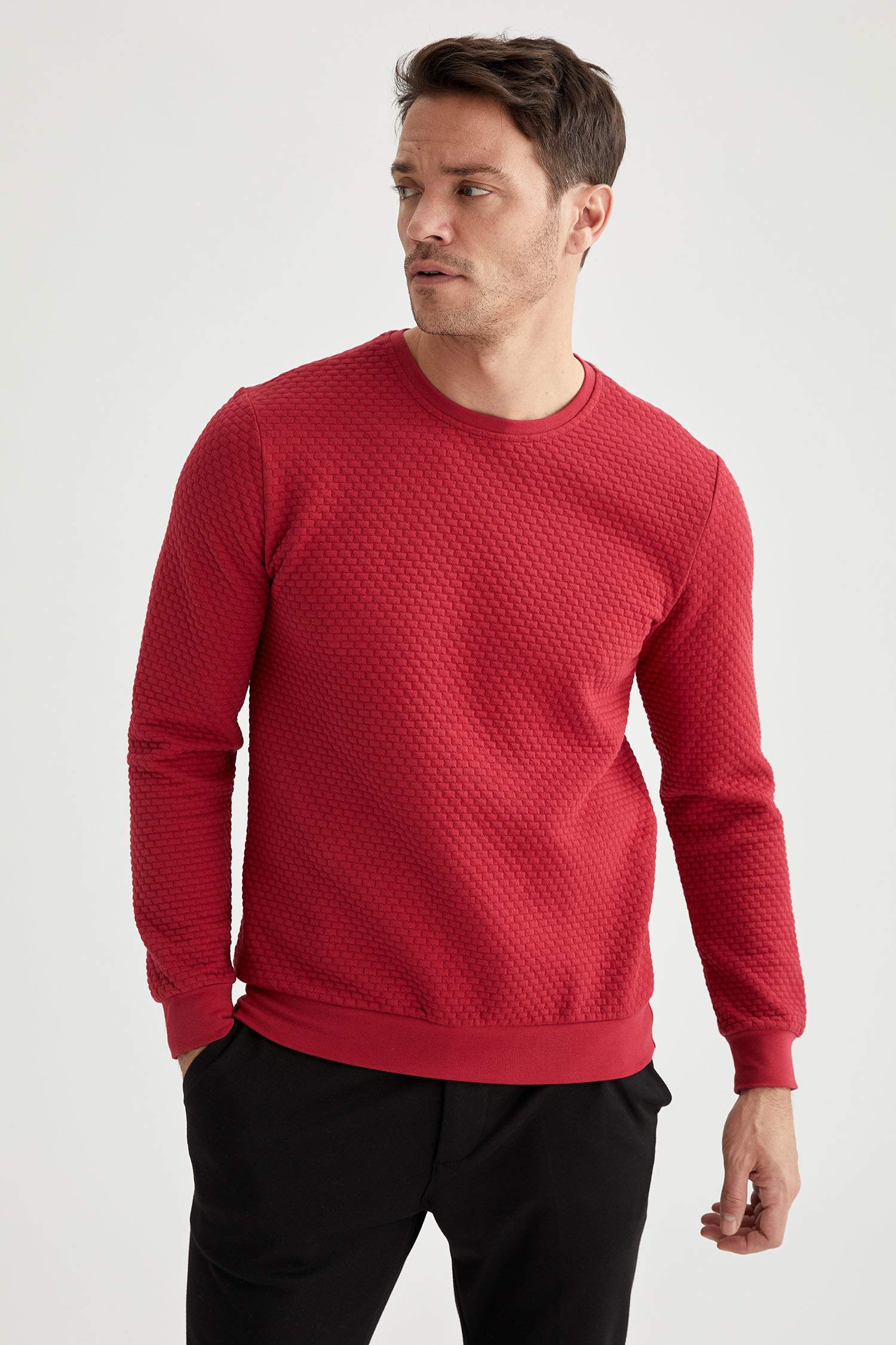 Slim Fit Bisiklet Yaka Cepsiz Viskonlu Uzun Kollu Sweatshirt