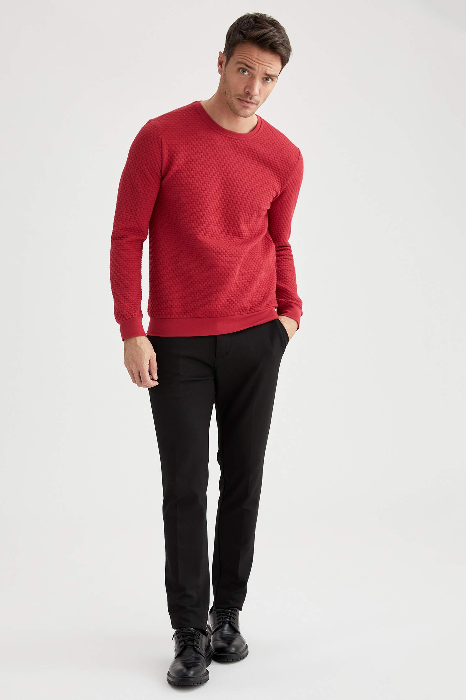 Slim Fit Bisiklet Yaka Cepsiz Viskonlu Uzun Kollu Sweatshirt