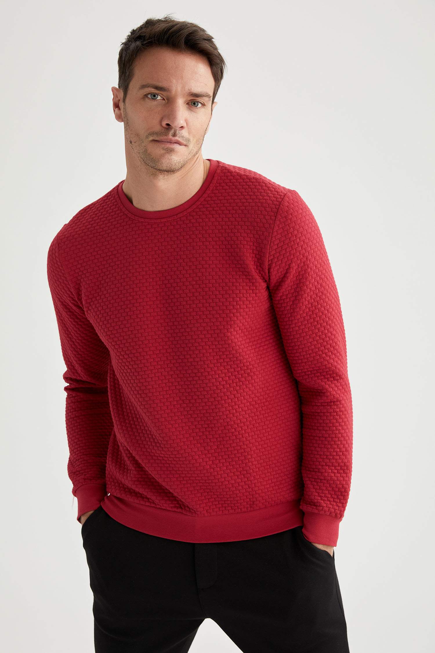 Slim Fit Bisiklet Yaka Cepsiz Viskonlu Uzun Kollu Sweatshirt