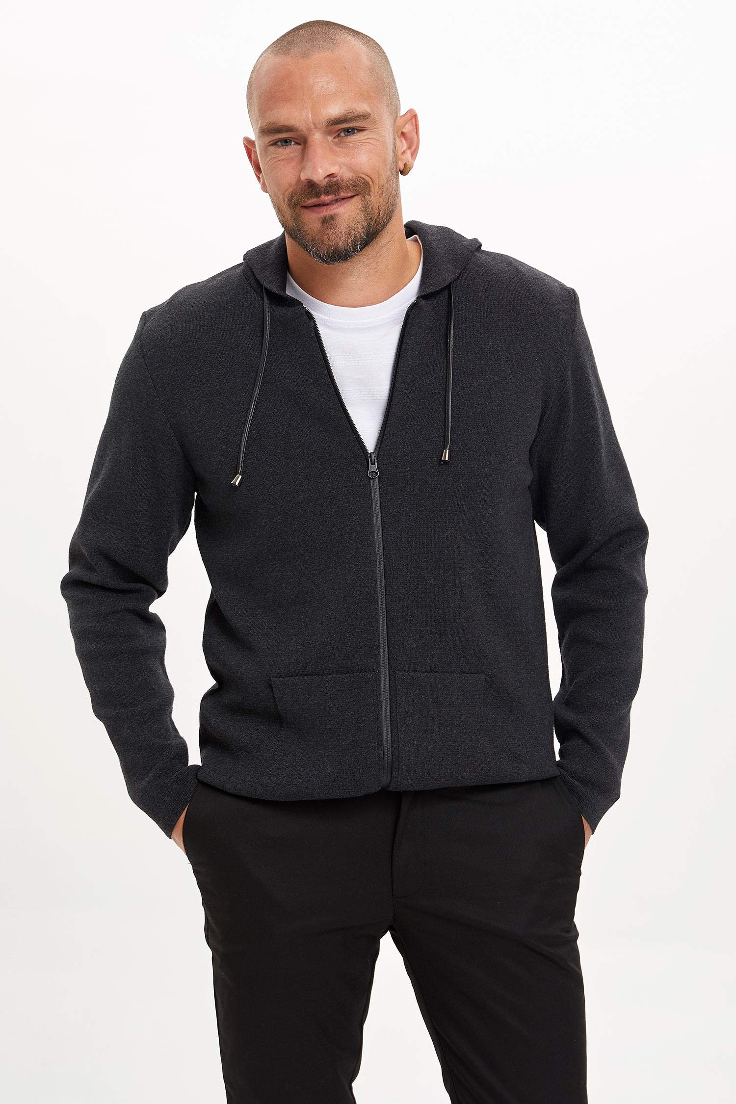 Slim Fit Kapüşonlu Pamuklu Uzun Kollu Hırka