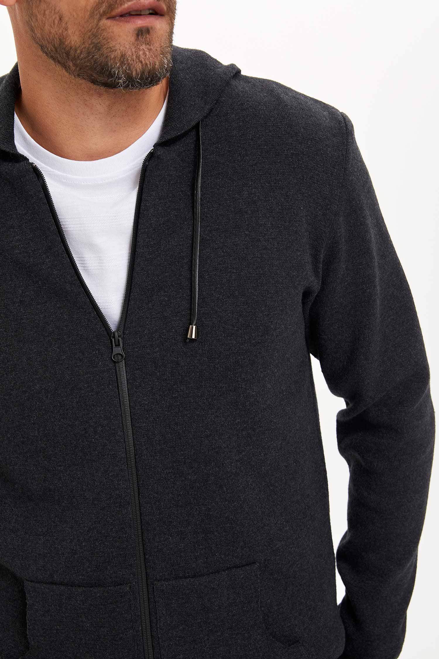 Slim Fit Kapüşonlu Pamuklu Uzun Kollu Hırka