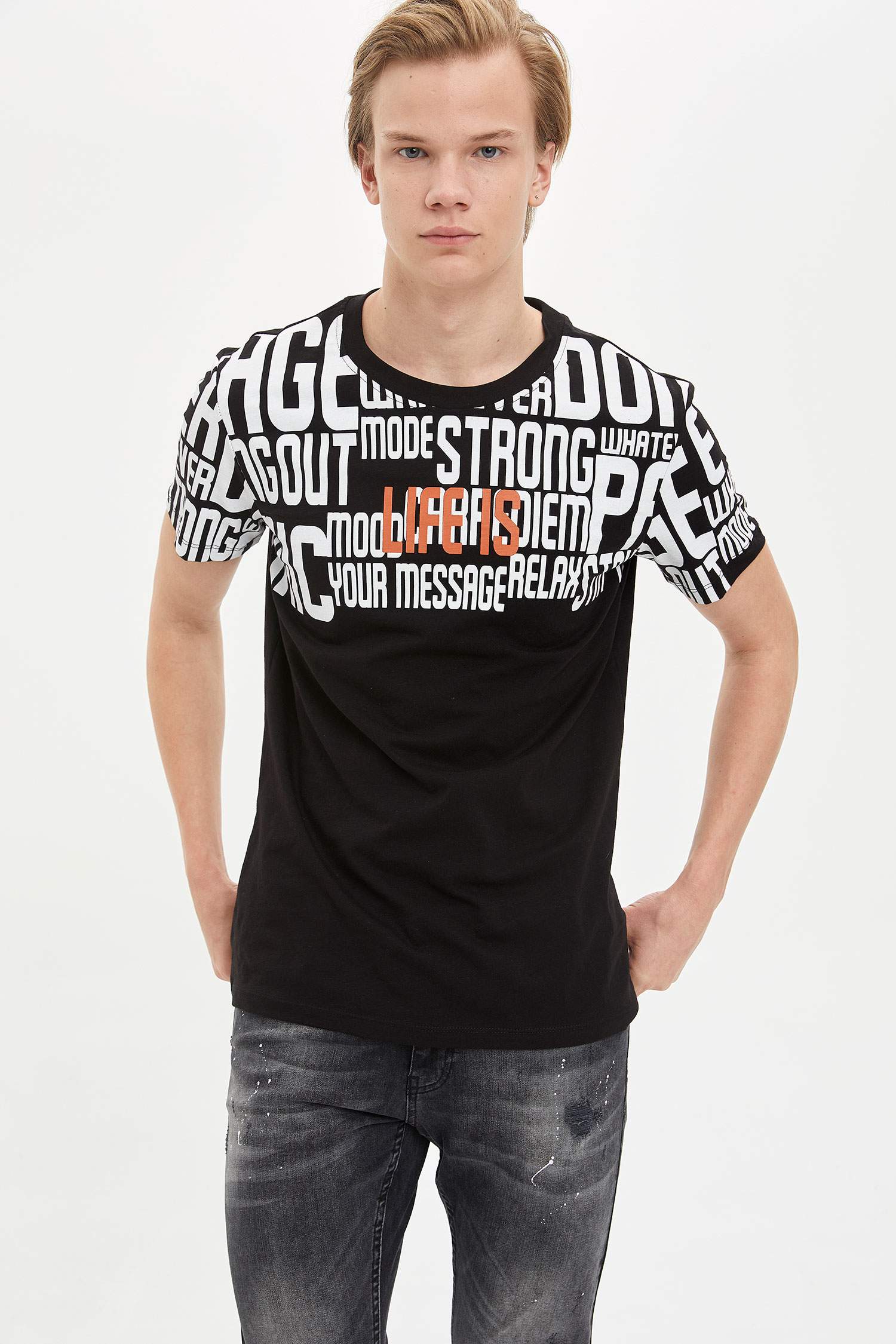 Kısa Kollu Tişört Slim Fit Baskılı Bisiklet Yaka