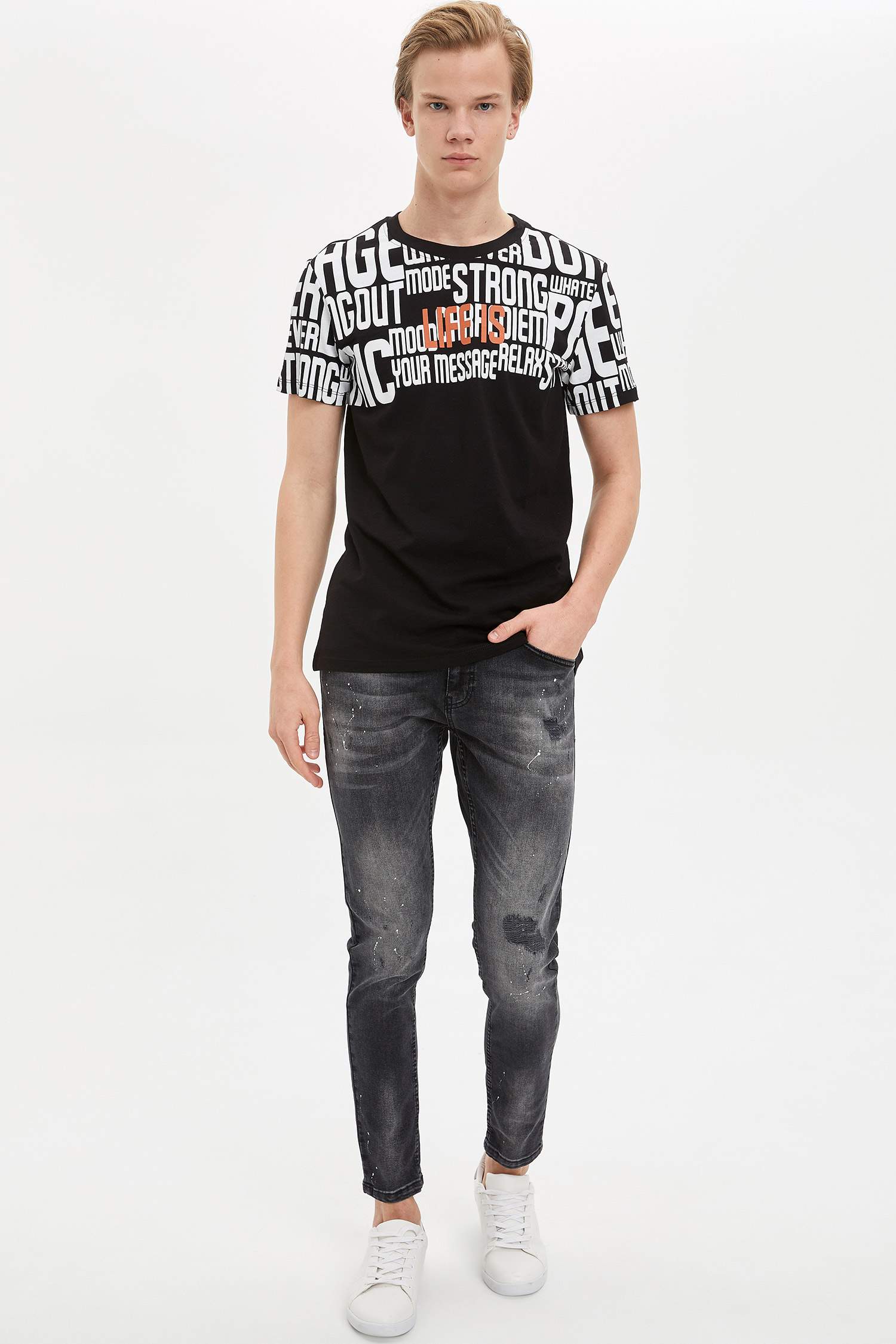 Kısa Kollu Tişört Slim Fit Baskılı Bisiklet Yaka