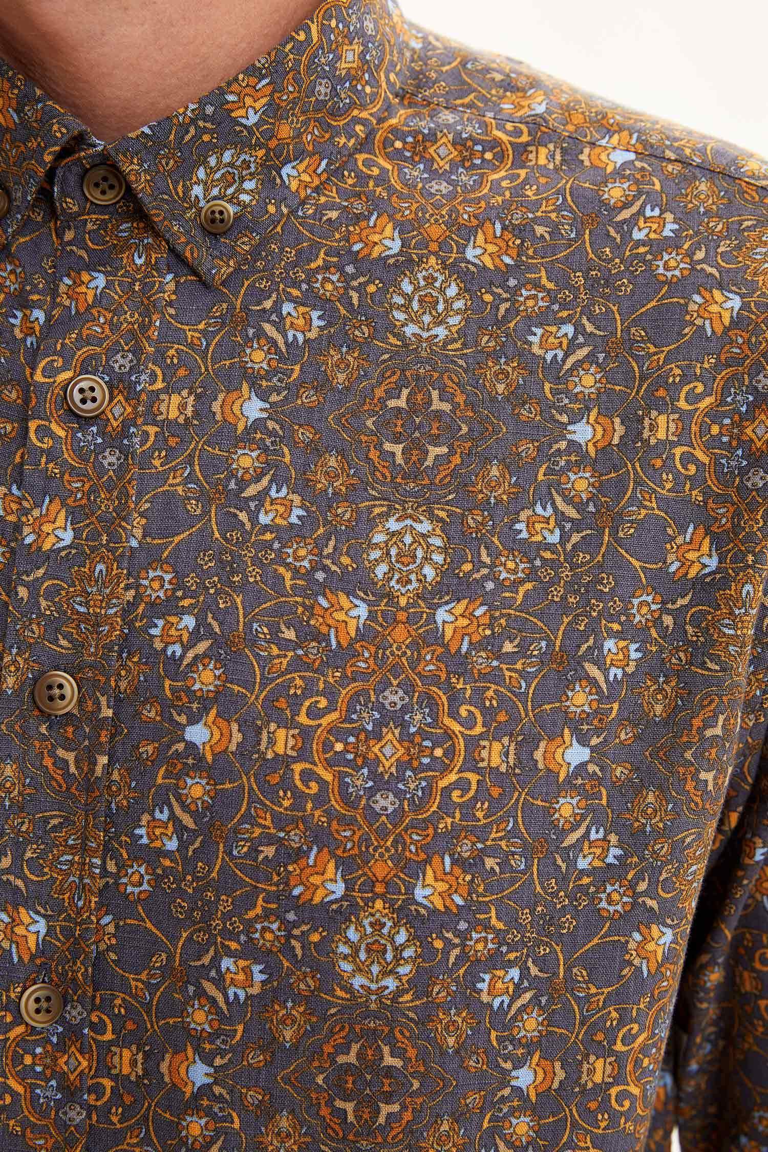 Çiçek Desenli Slim Fit Uzun Kollu Pamuklu Gömlek