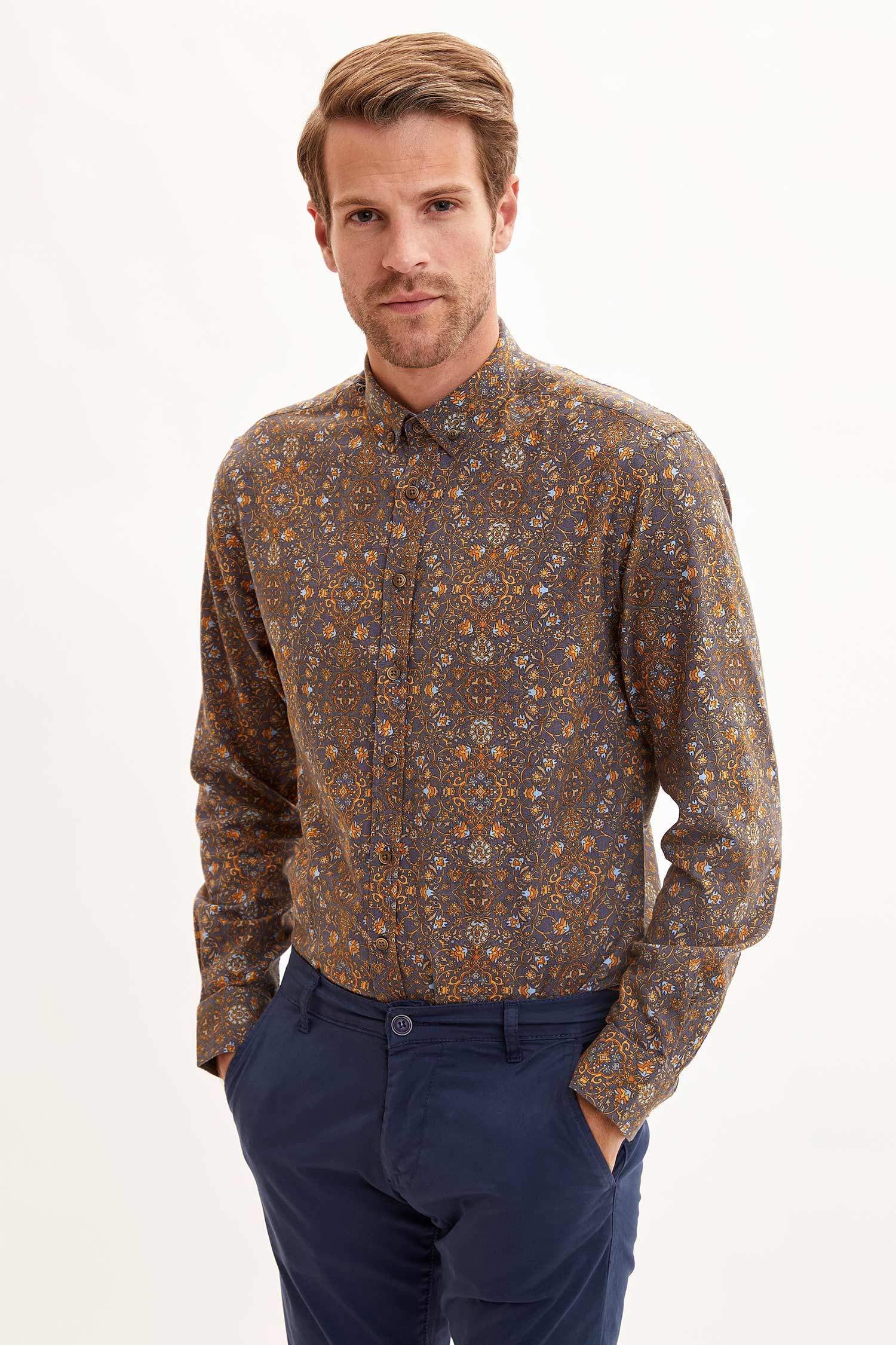 Çiçek Desenli Slim Fit Uzun Kollu Pamuklu Gömlek