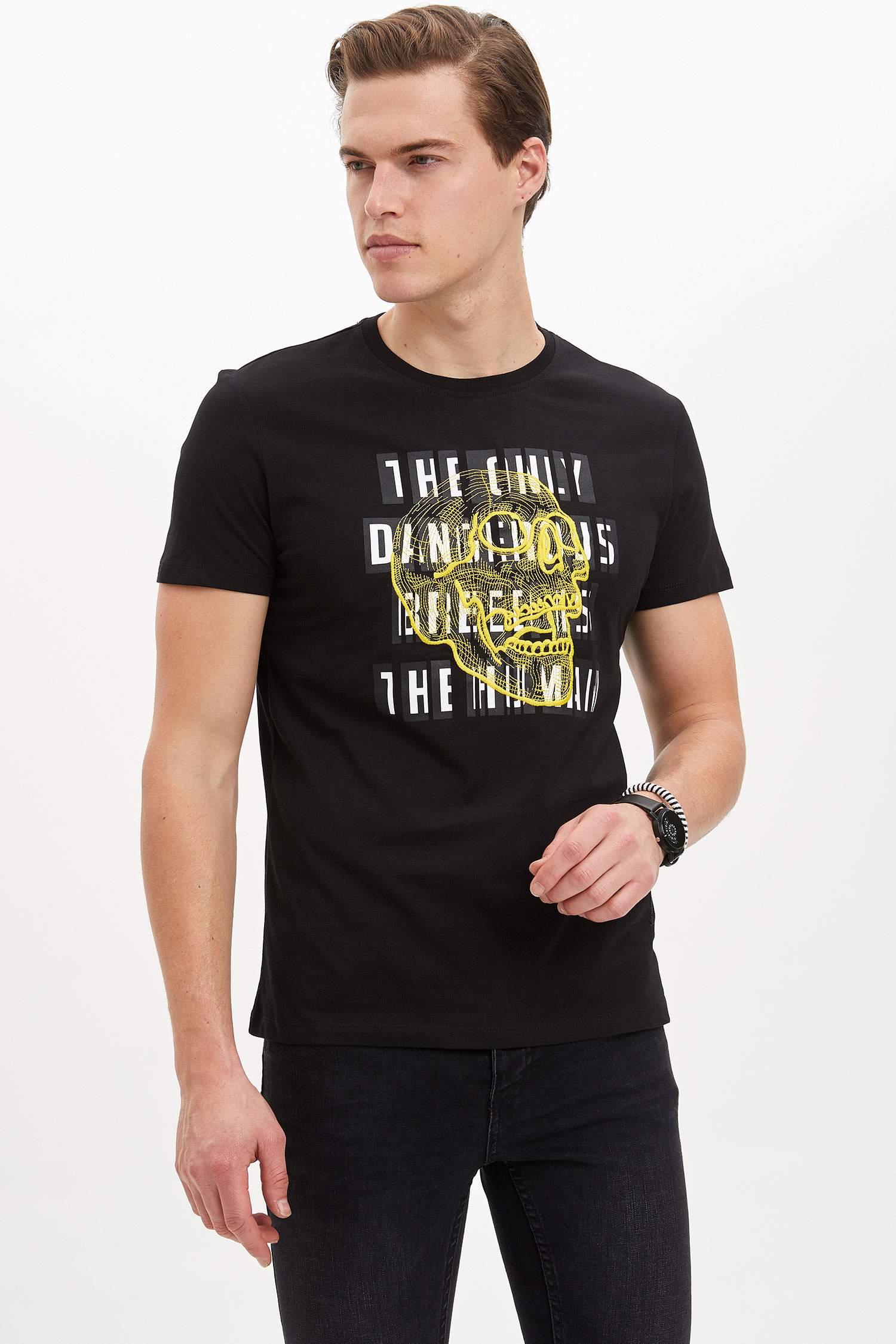 Neon Renk Kuru Kafa Baskılı Slim Fit Tişört