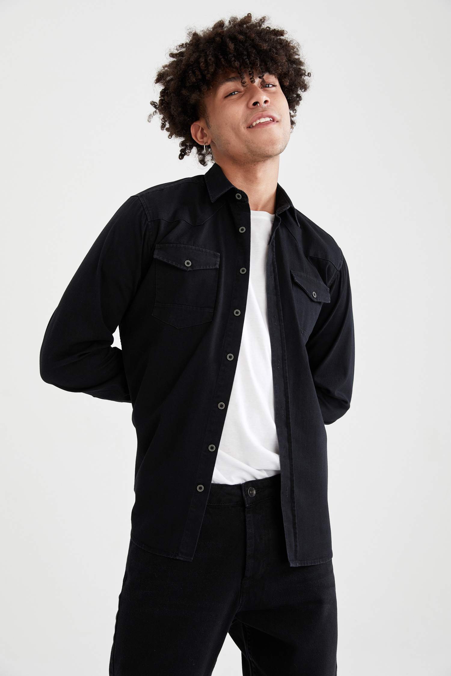 Çift Cepli Slim Fit Uzun Kollu Jean Gömlek