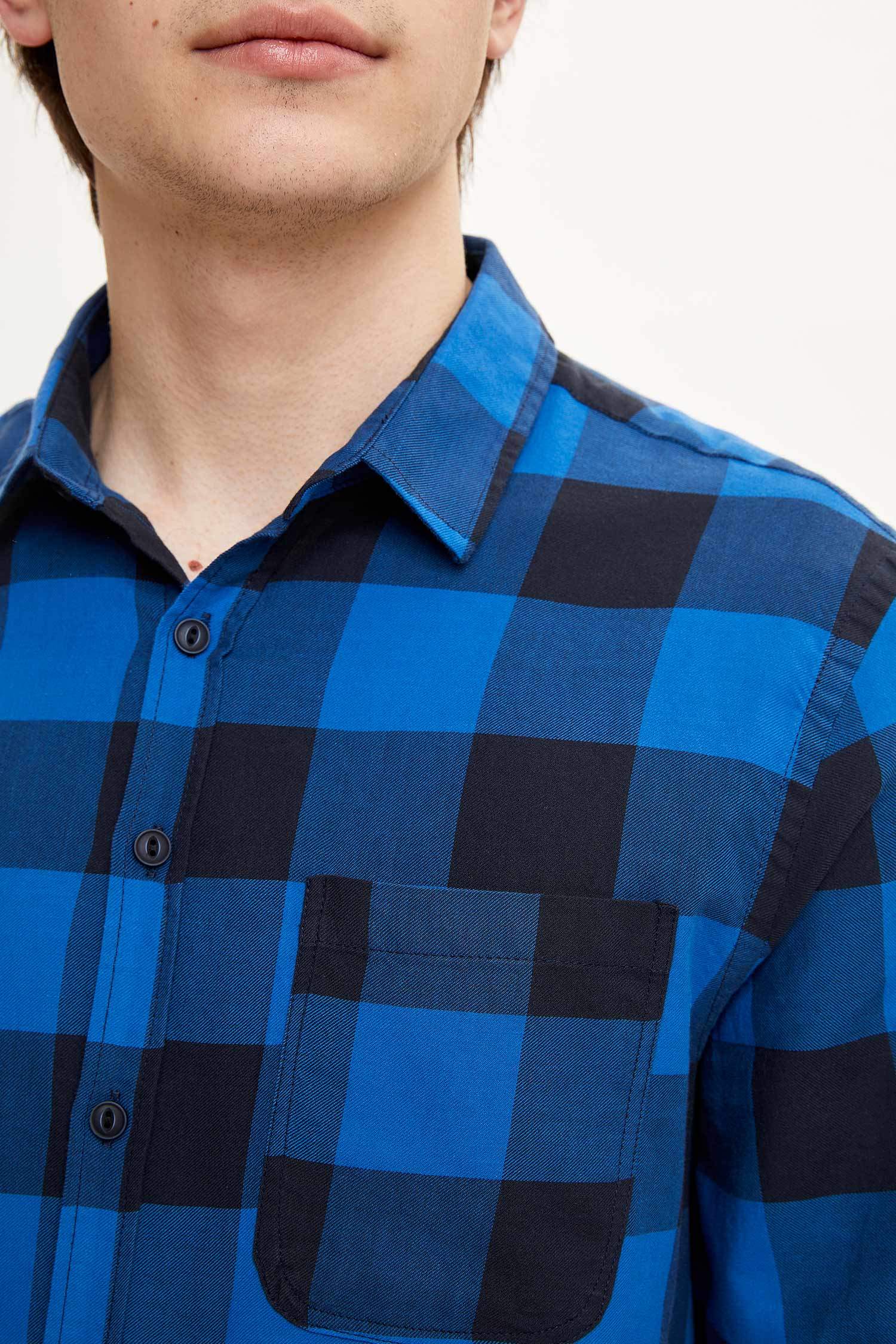 Slim Fit Kare Desenli Uzun Kollu Gömlek