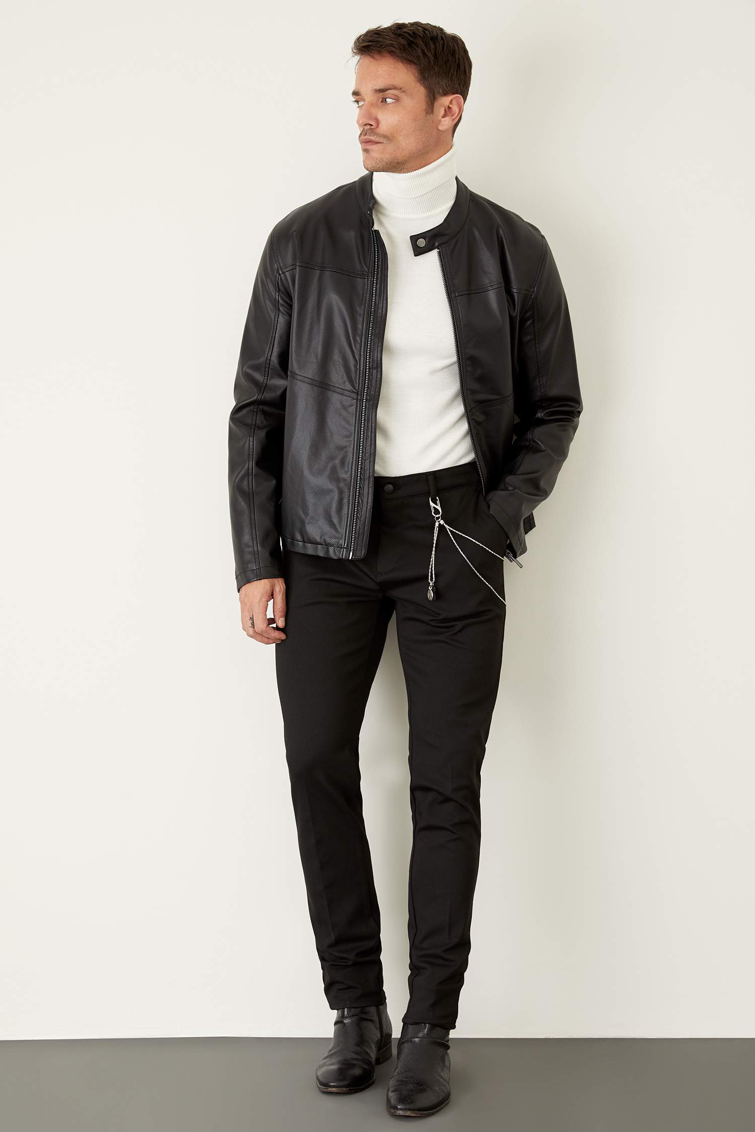 Slim Fit Dik Yaka Suni Deri Suni Deri Mont