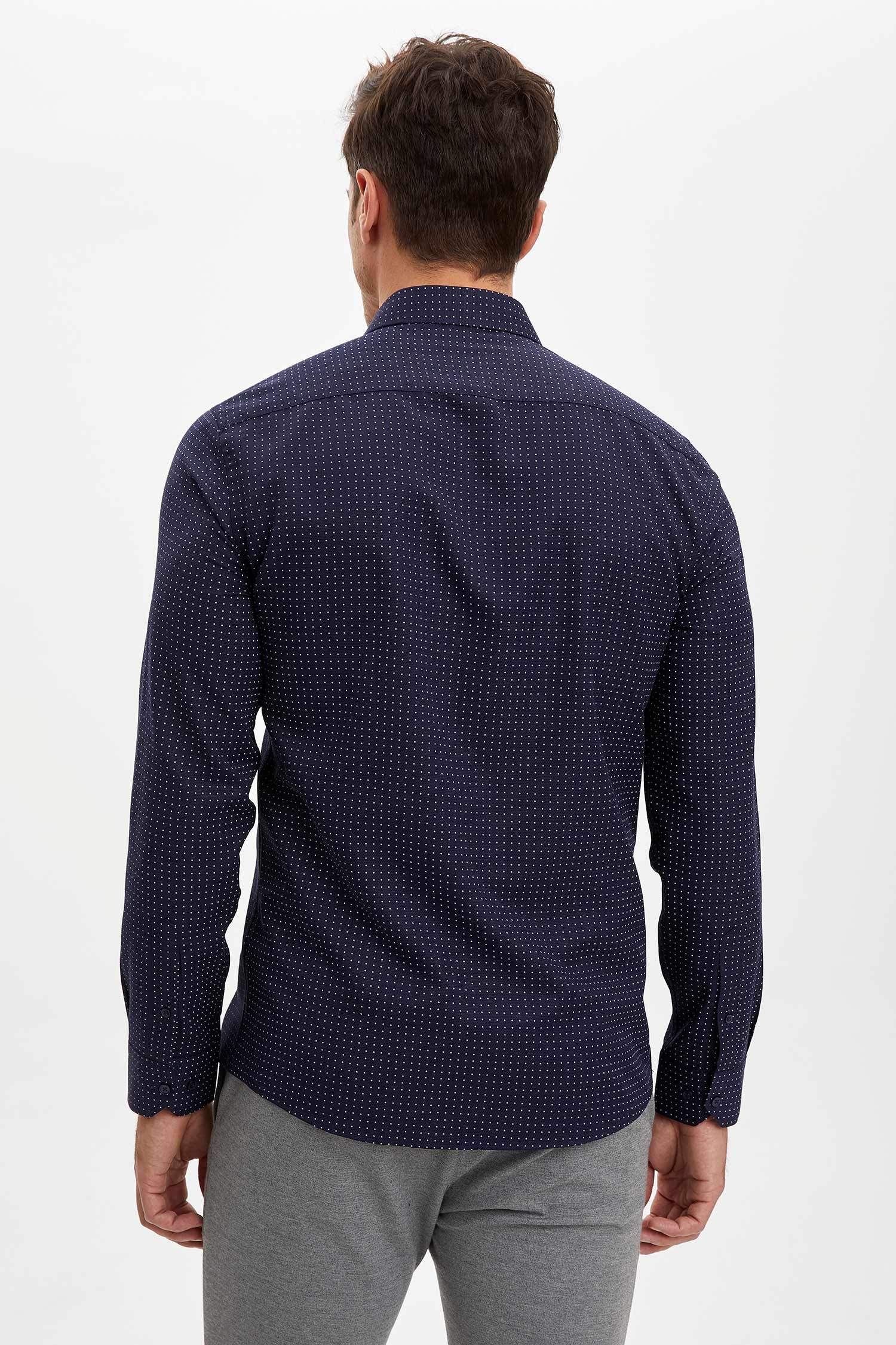 Slim Fit Puantiye Desenli Uzun Kollu Gömlek