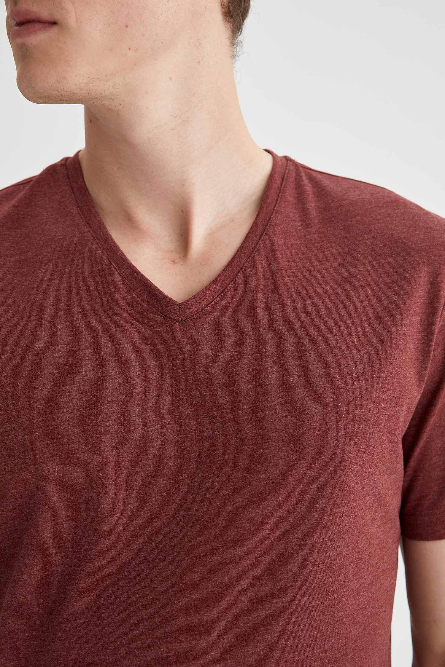 Slim Fit V Yaka Basic Pamuklu Penye Tişört