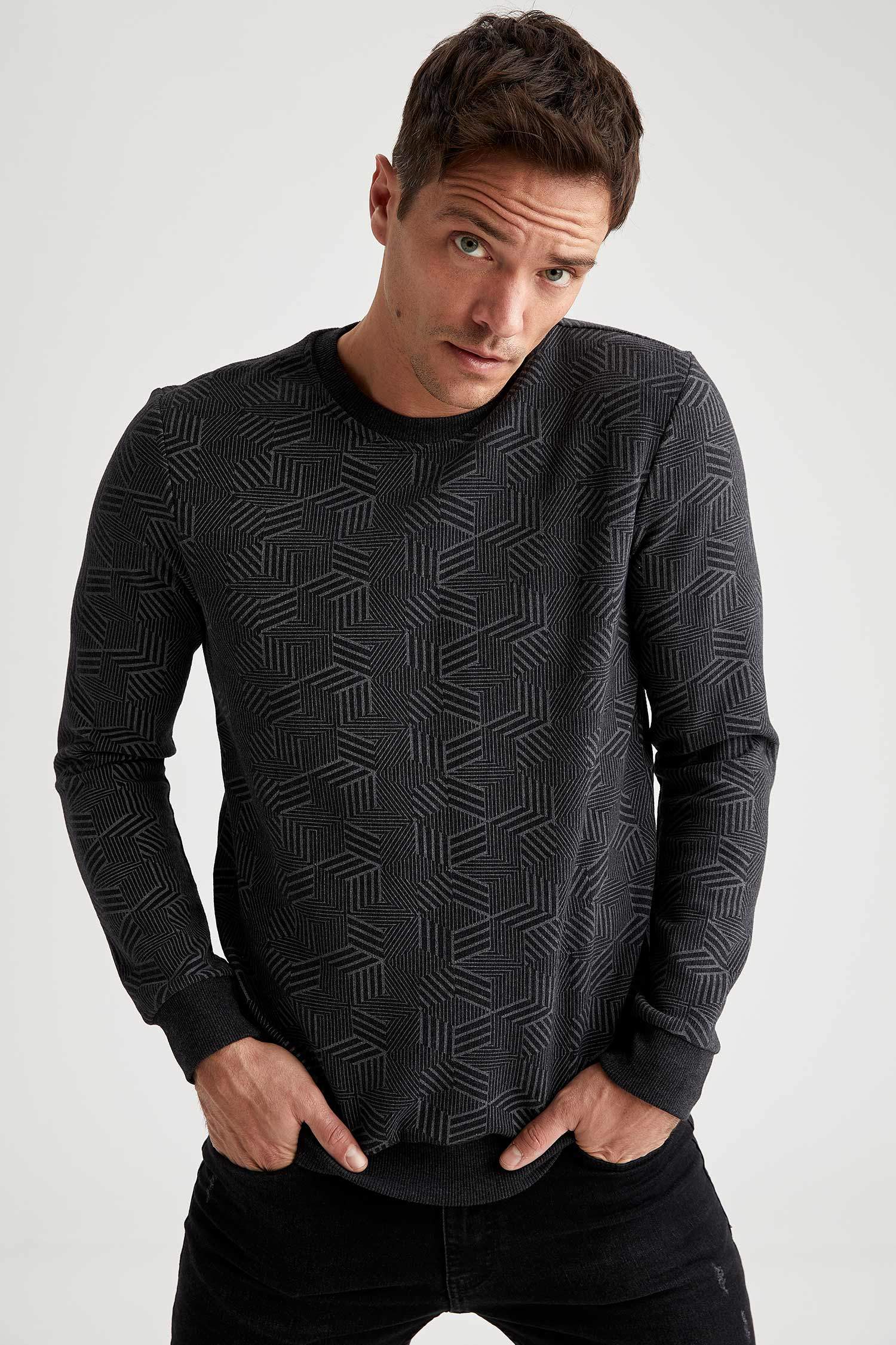 Regular Fit Bisiklet Yaka Geri Dönüşümlü Pamuklu Uzun Kollu Sweatshirt