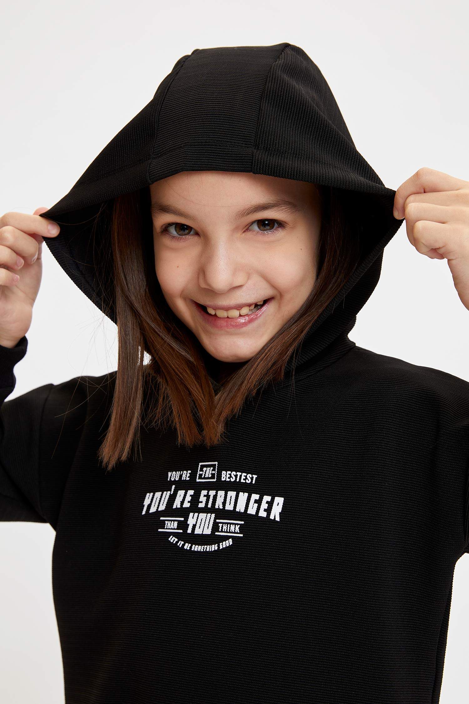 Kız Çocuk Baskılı Kapüşonlu Crop Sweatshirt