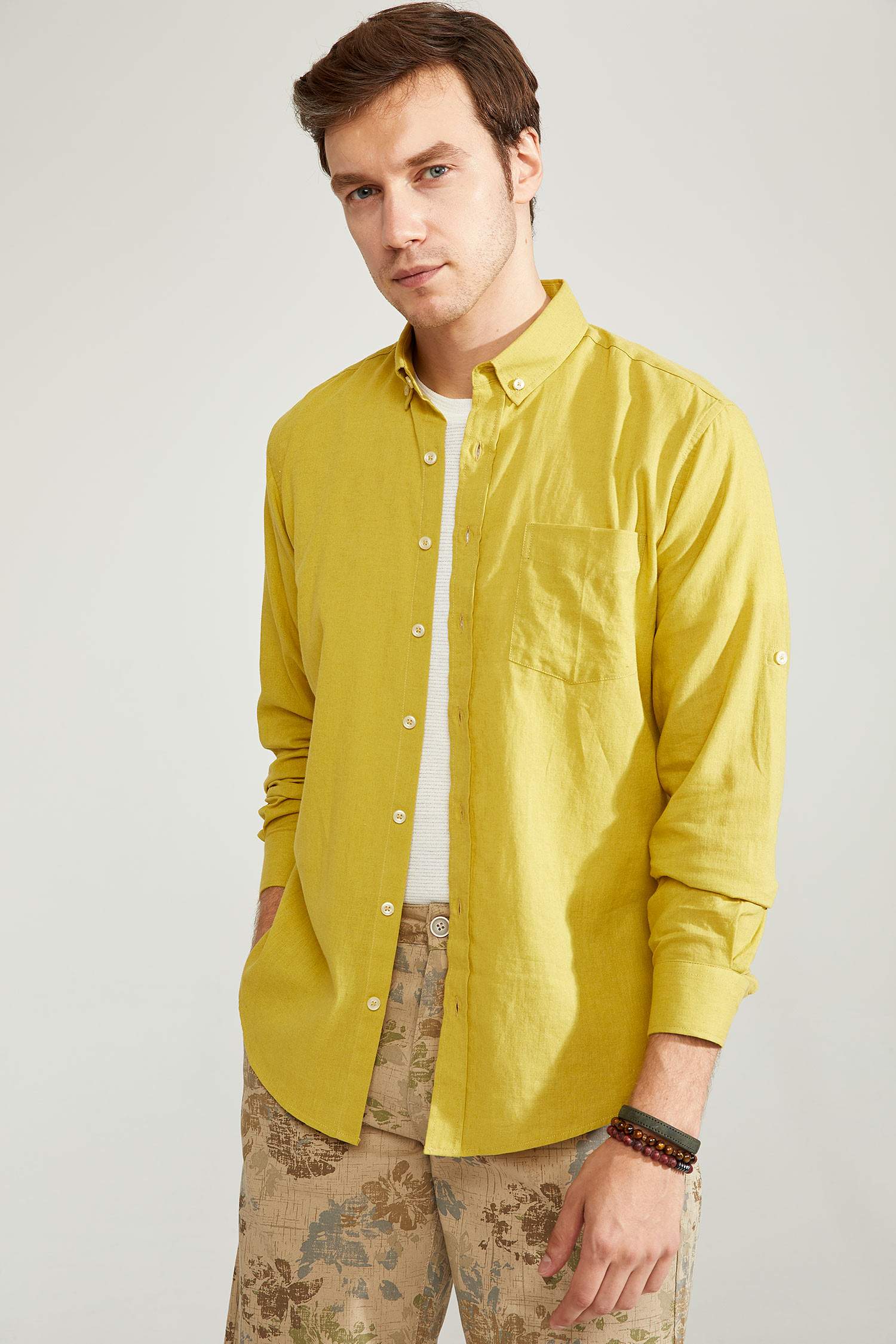 Modern Fit Keten Karışımlı Uzun Kollu Gömlek