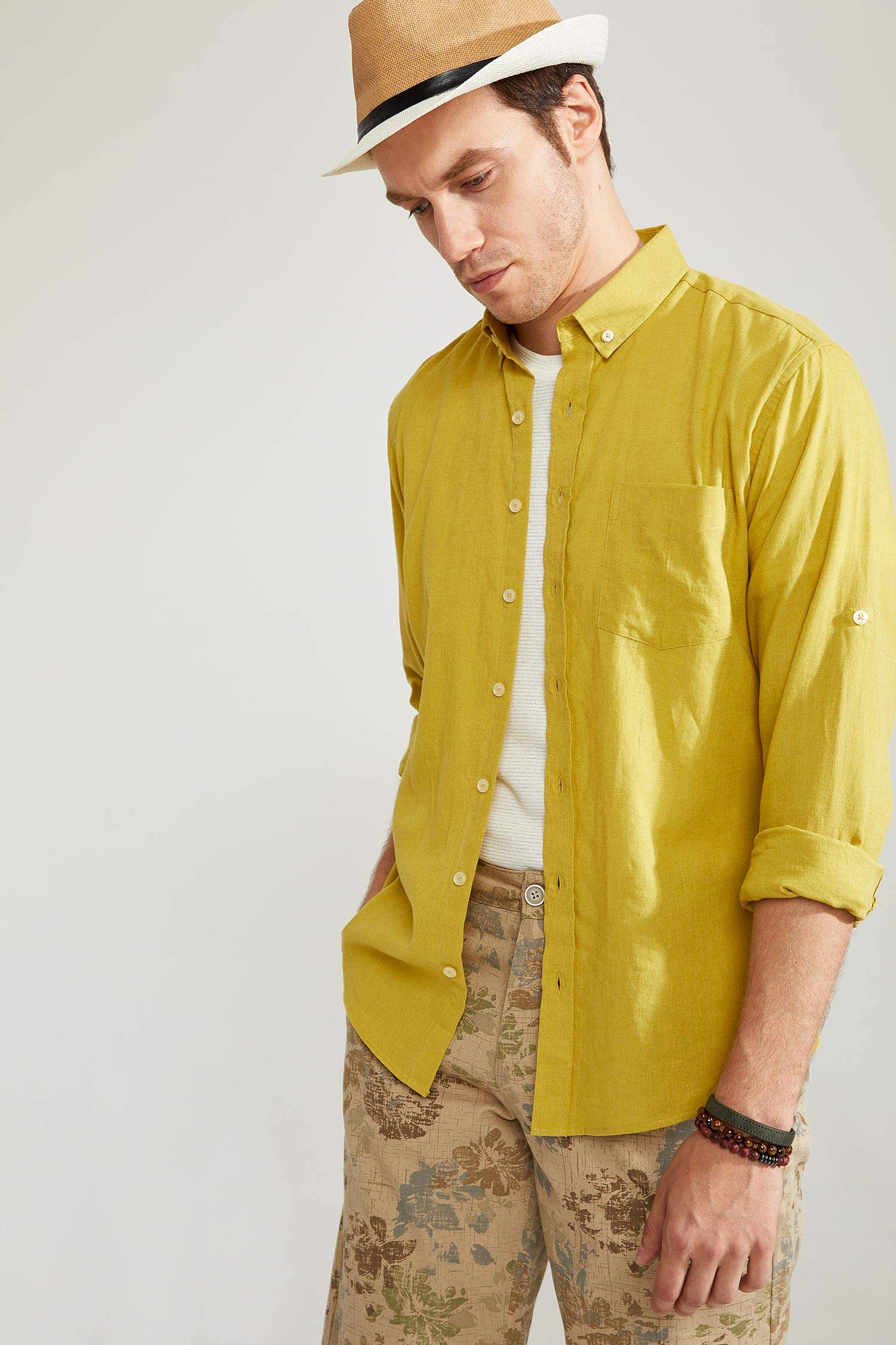 Modern Fit Keten Karışımlı Uzun Kollu Gömlek