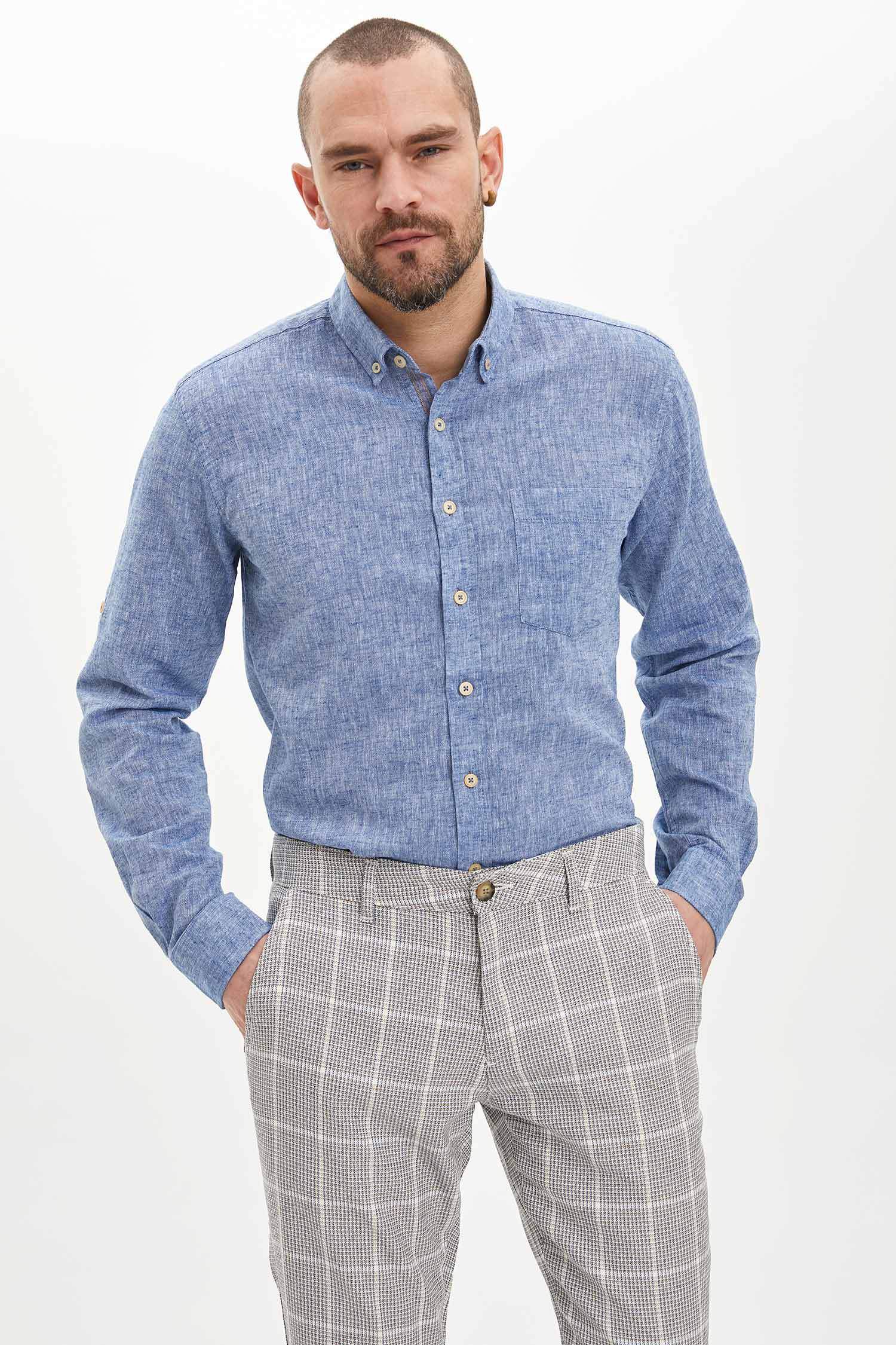 Modern Fit Keten Karışımlı Uzun Kollu Gömlek