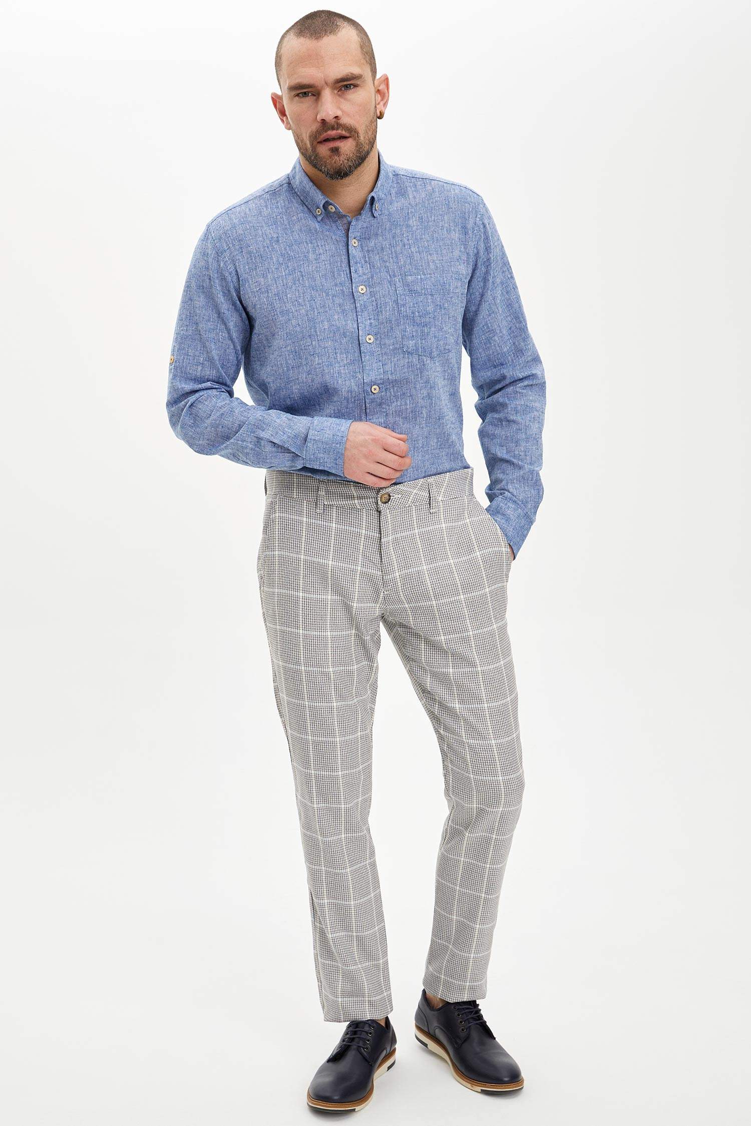 Modern Fit Keten Karışımlı Uzun Kollu Gömlek