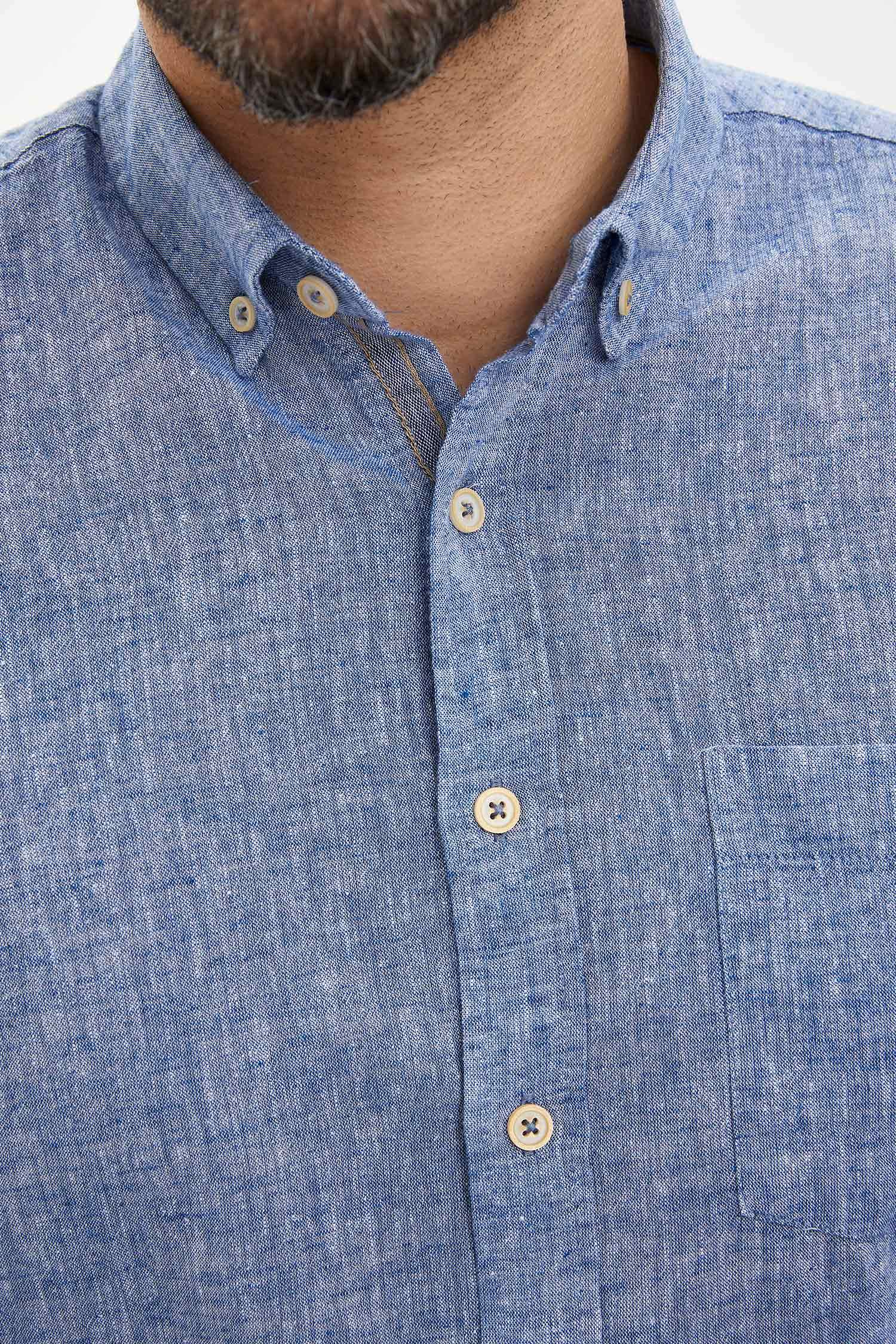 Modern Fit Keten Karışımlı Uzun Kollu Gömlek