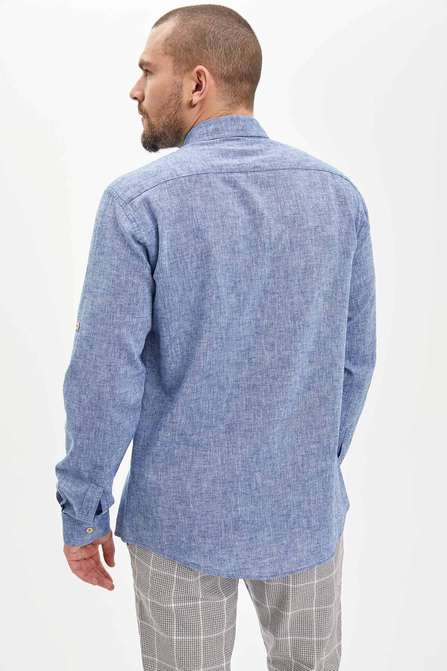 Modern Fit Keten Karışımlı Uzun Kollu Gömlek