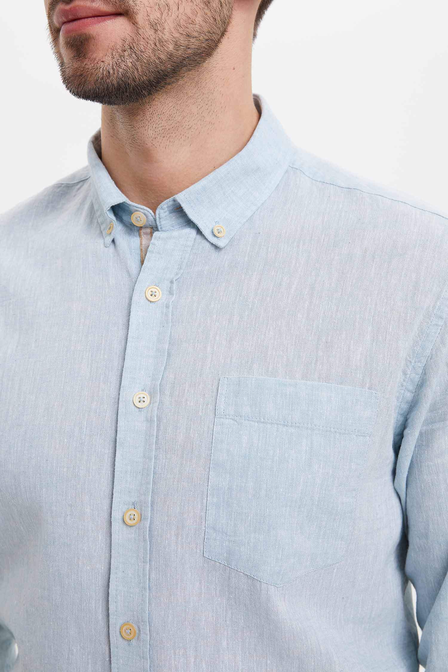 Modern Fit Keten Karışımlı Uzun Kollu Gömlek