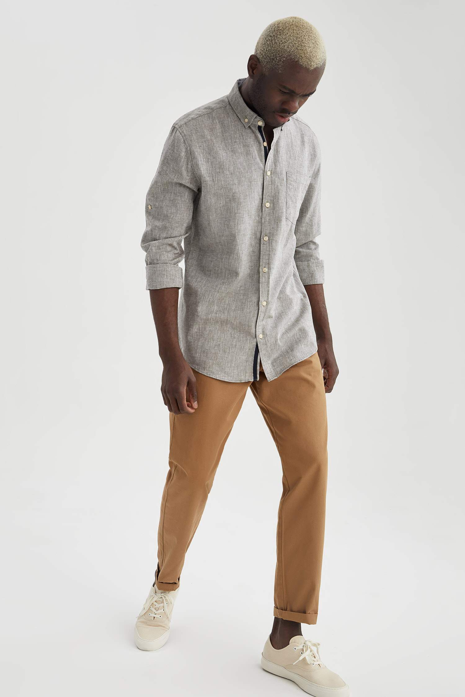 Modern Fit Keten Karışımlı Uzun Kollu Gömlek