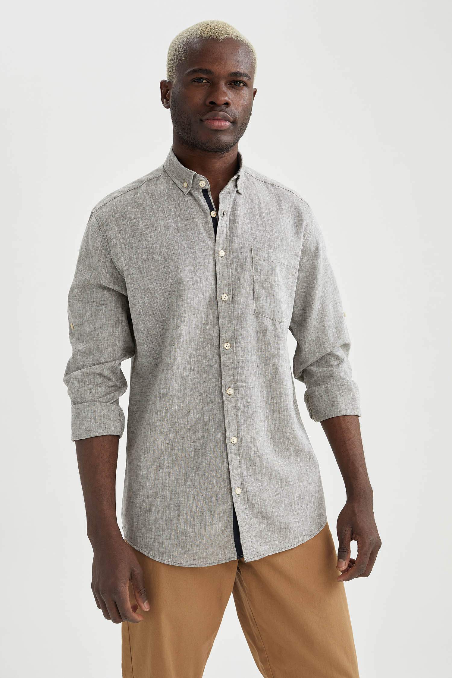 Modern Fit Keten Karışımlı Uzun Kollu Gömlek