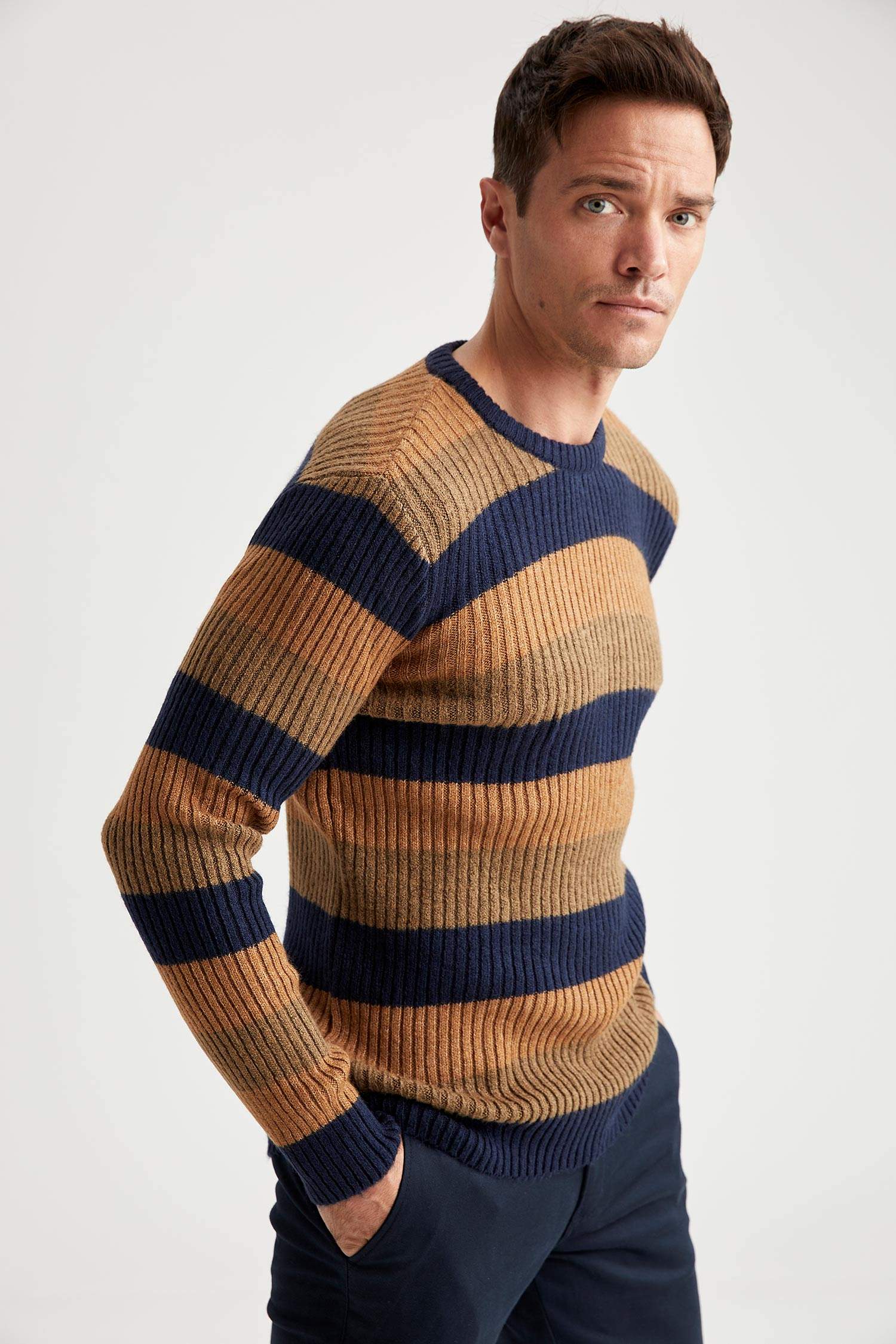 Basic Slim Fit Çizgili Kazak