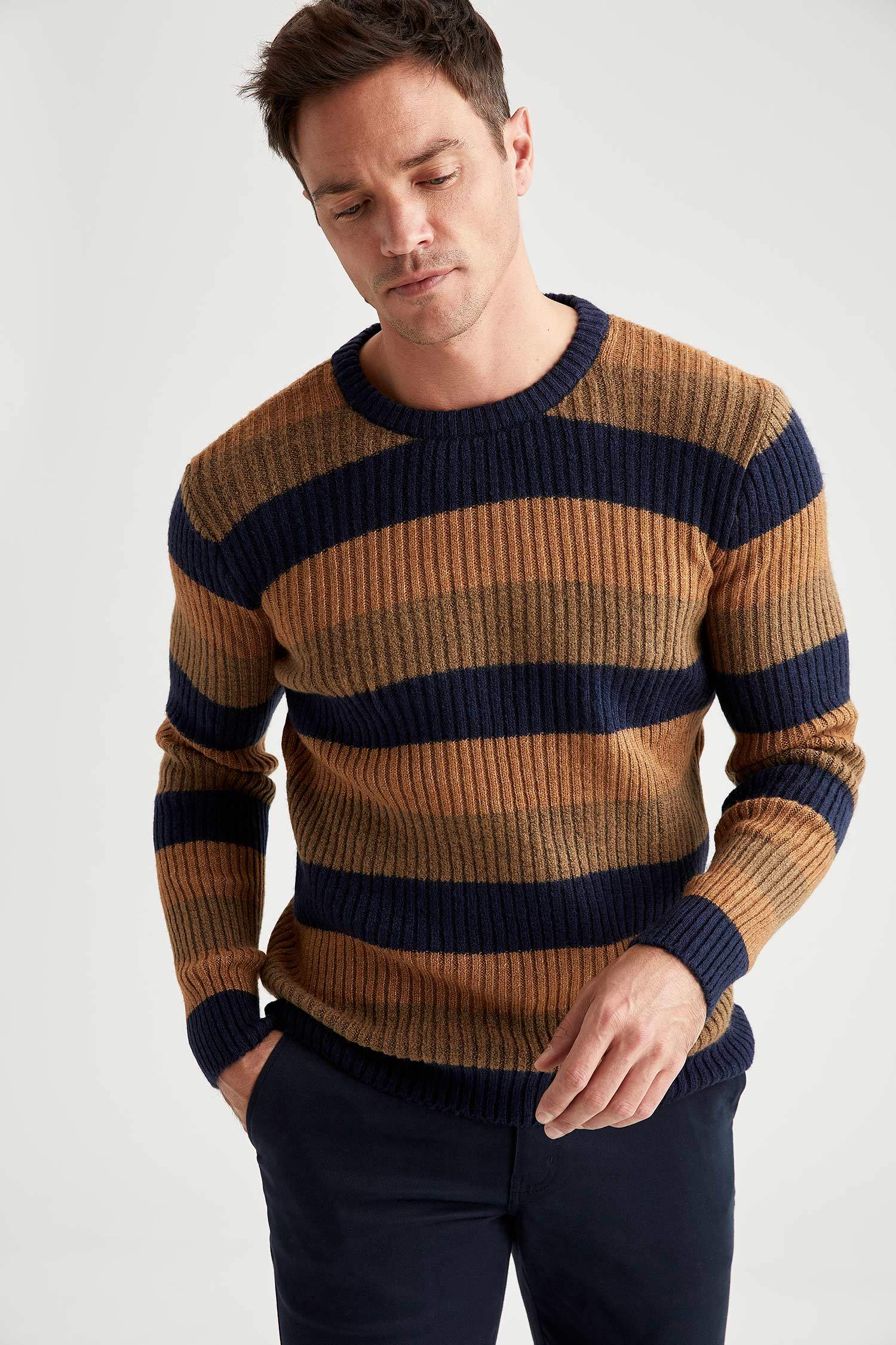 Basic Slim Fit Çizgili Kazak