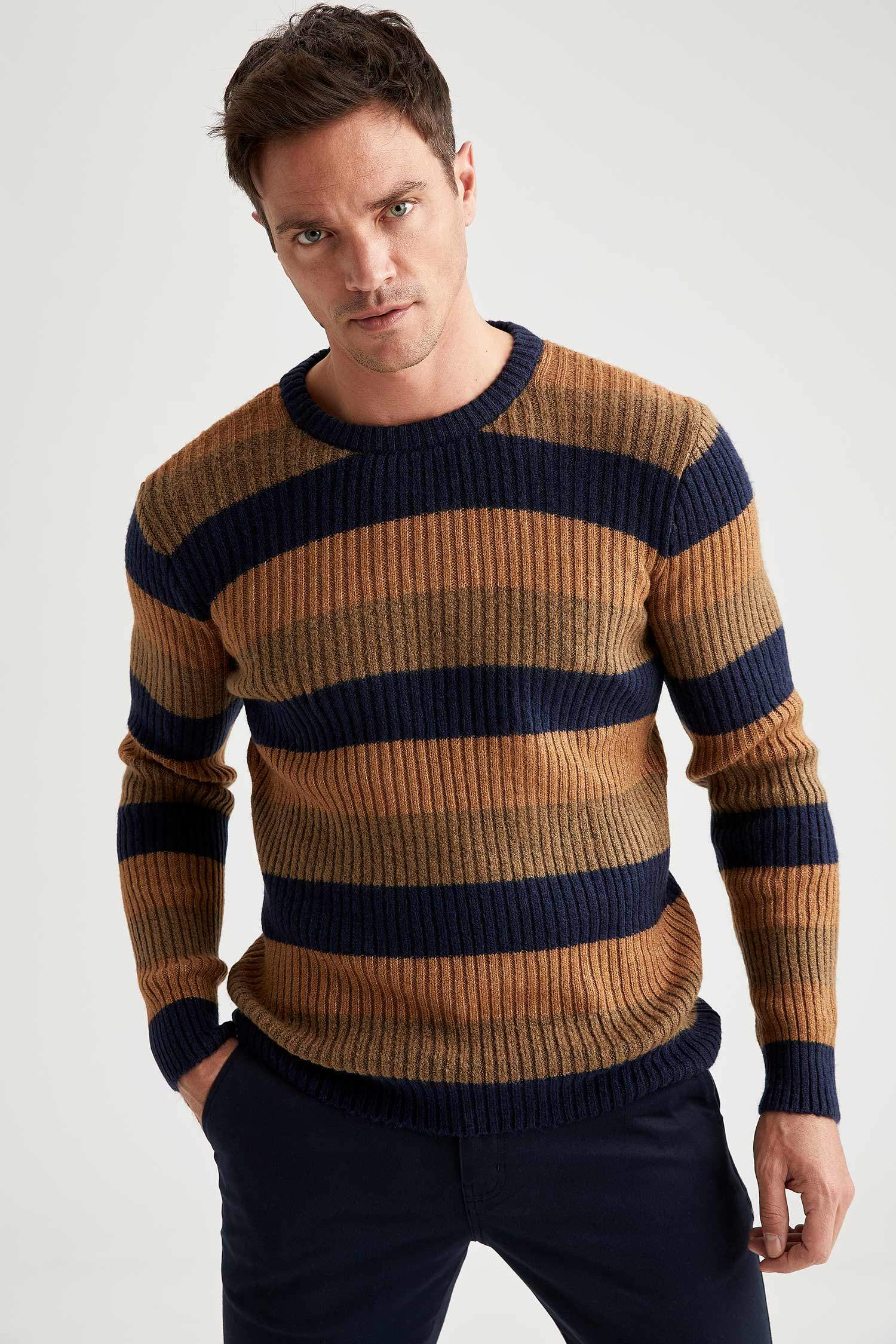 Basic Slim Fit Çizgili Kazak