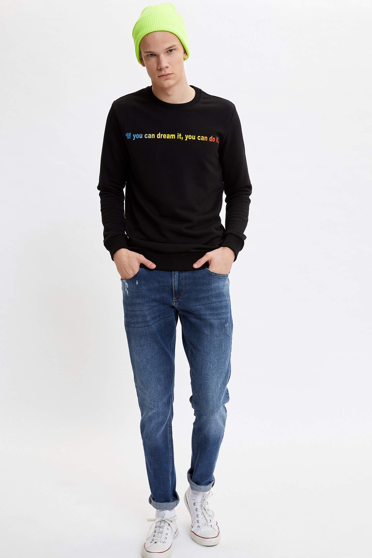 Bisiklet Yaka Baskılı Slim Fit Sweatshirt