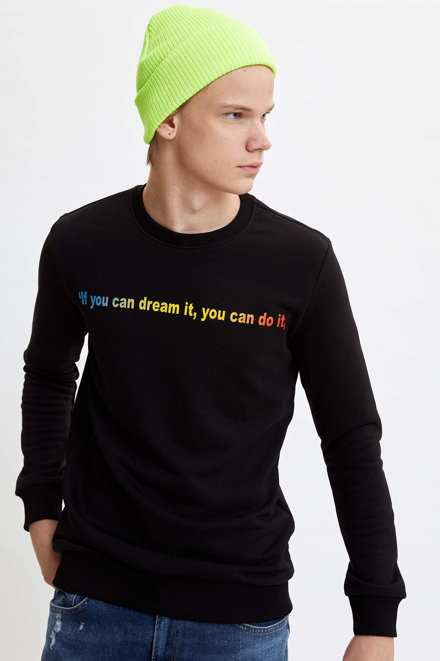 Bisiklet Yaka Baskılı Slim Fit Sweatshirt