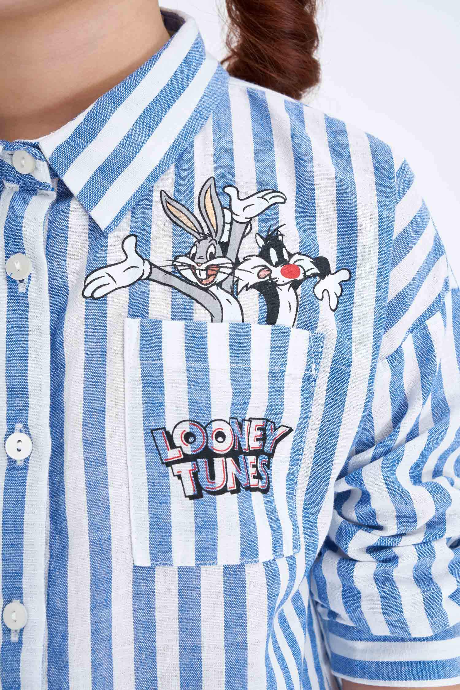 Kız Çocuk Looney Tunes Lisanslı Regular Fit Keten Görünümlü Uzun Kollu Gömlek