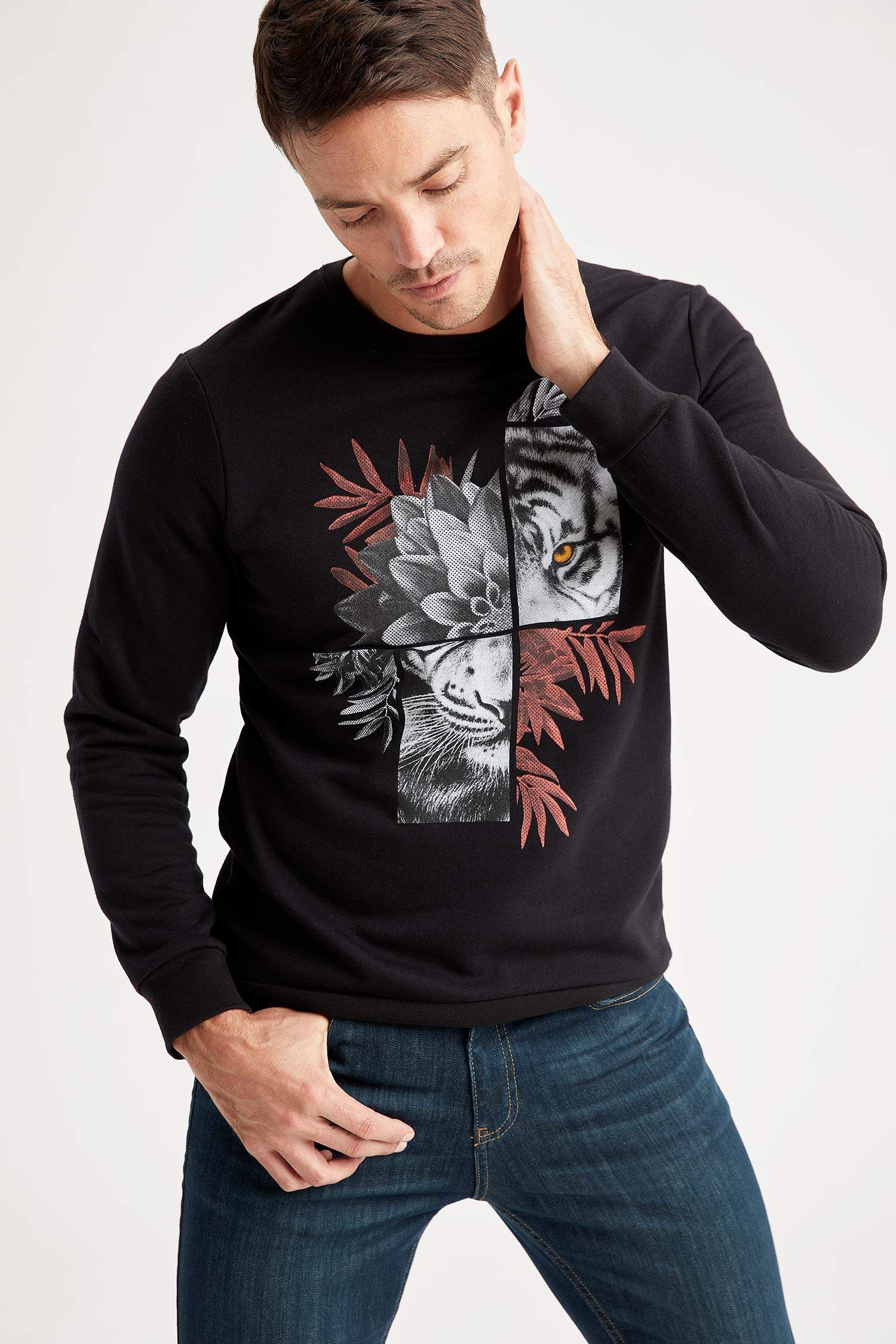 Slim Fit Bisiklet Yaka Cepsiz Uzun Kollu Sweatshirt