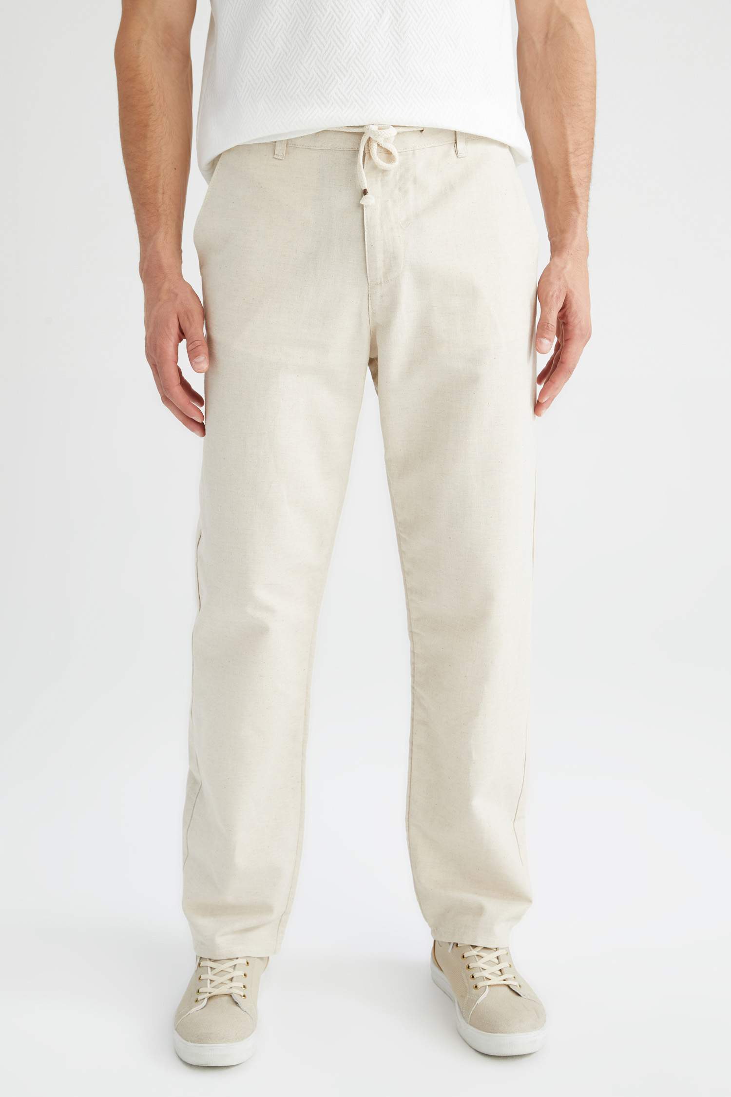 Relax Fit Beli Bağcıklı Keten Pantolon